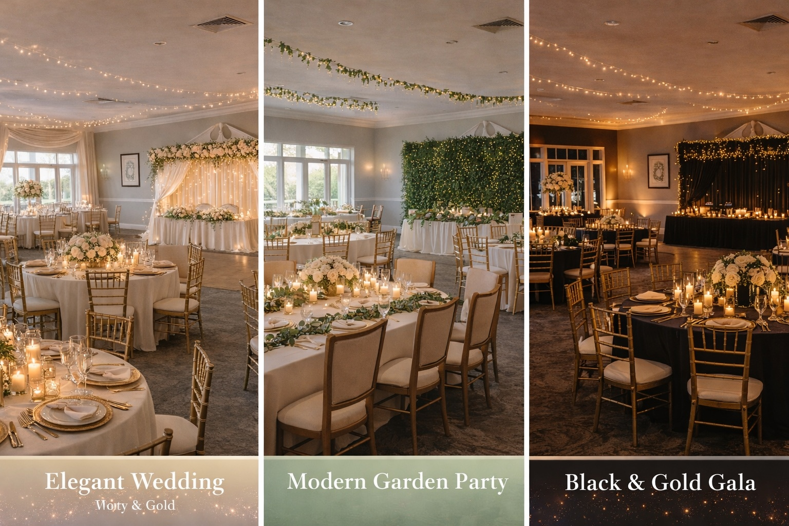 Three photos of elegantly decorated banquet hall settings for different events. The first shows an elegant wedding with white drapes, flowers, and soft lighting. The second is a modern garden party with lush greenery and soft candle lighting. The third depicts a black and gold gala with black drapes, gold chairs, and candle lighting.