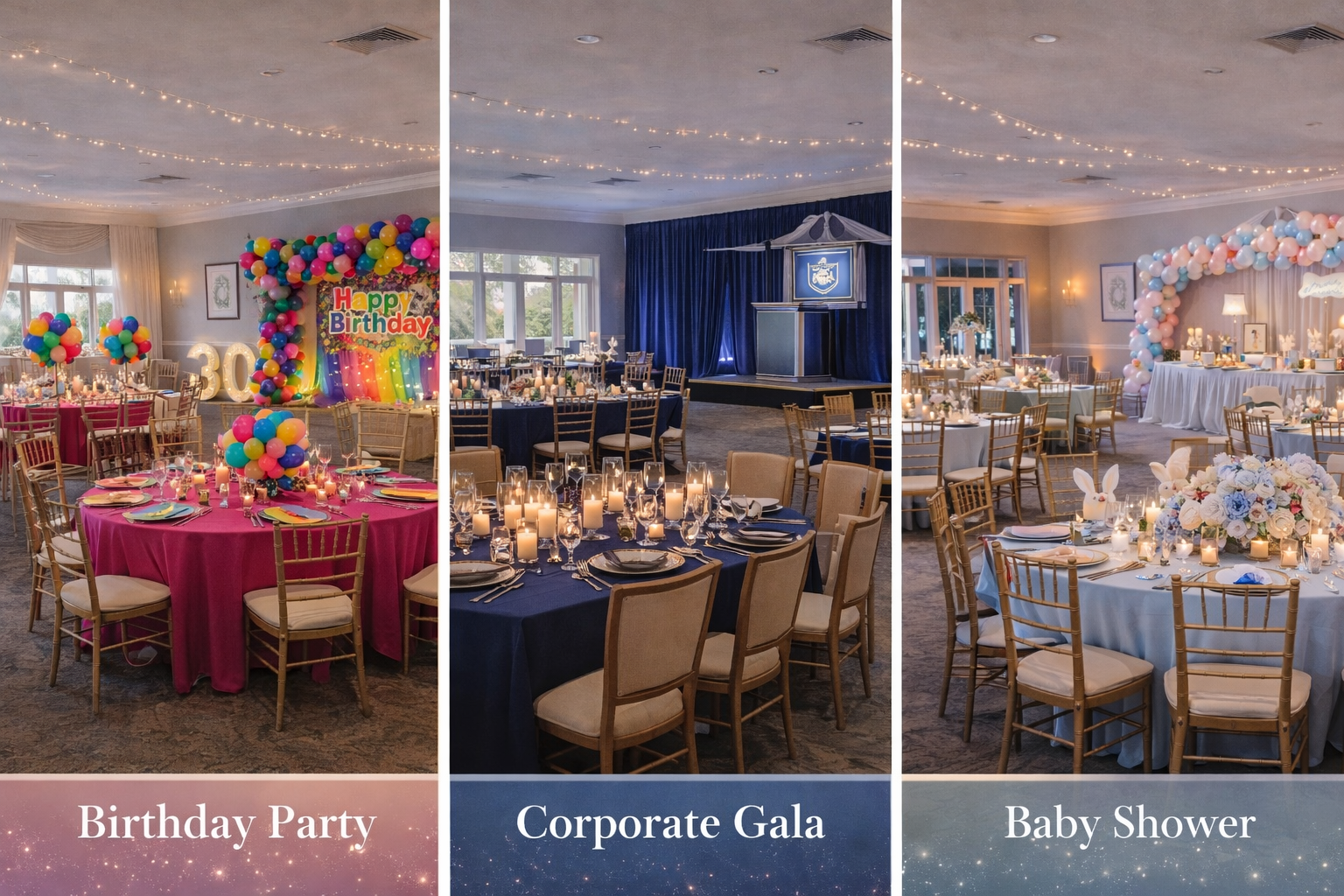 Three decorated event rooms: a birthday party with colorful balloons and a large 'Happy Birthday' sign, a corporate gala with navy blue drapes and candlelit table, and a baby shower with light pastel balloons and bunny decorations.