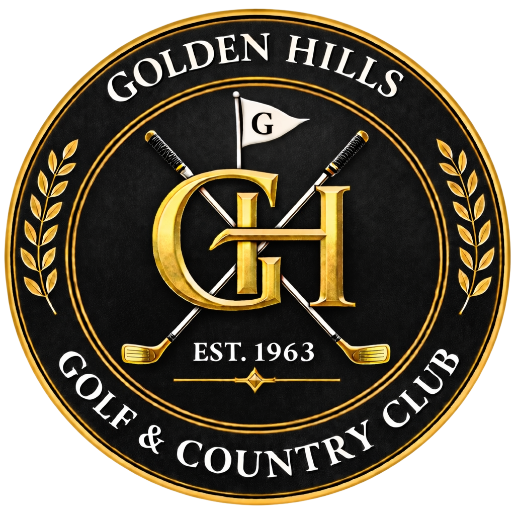 Logo for Golden Hills Golf & Country Club with gold and black color scheme, featuring a large monogram 'GH' in the center, golf clubs crossed behind, a small flag with 'G', and text indicating the club was established in 1963.