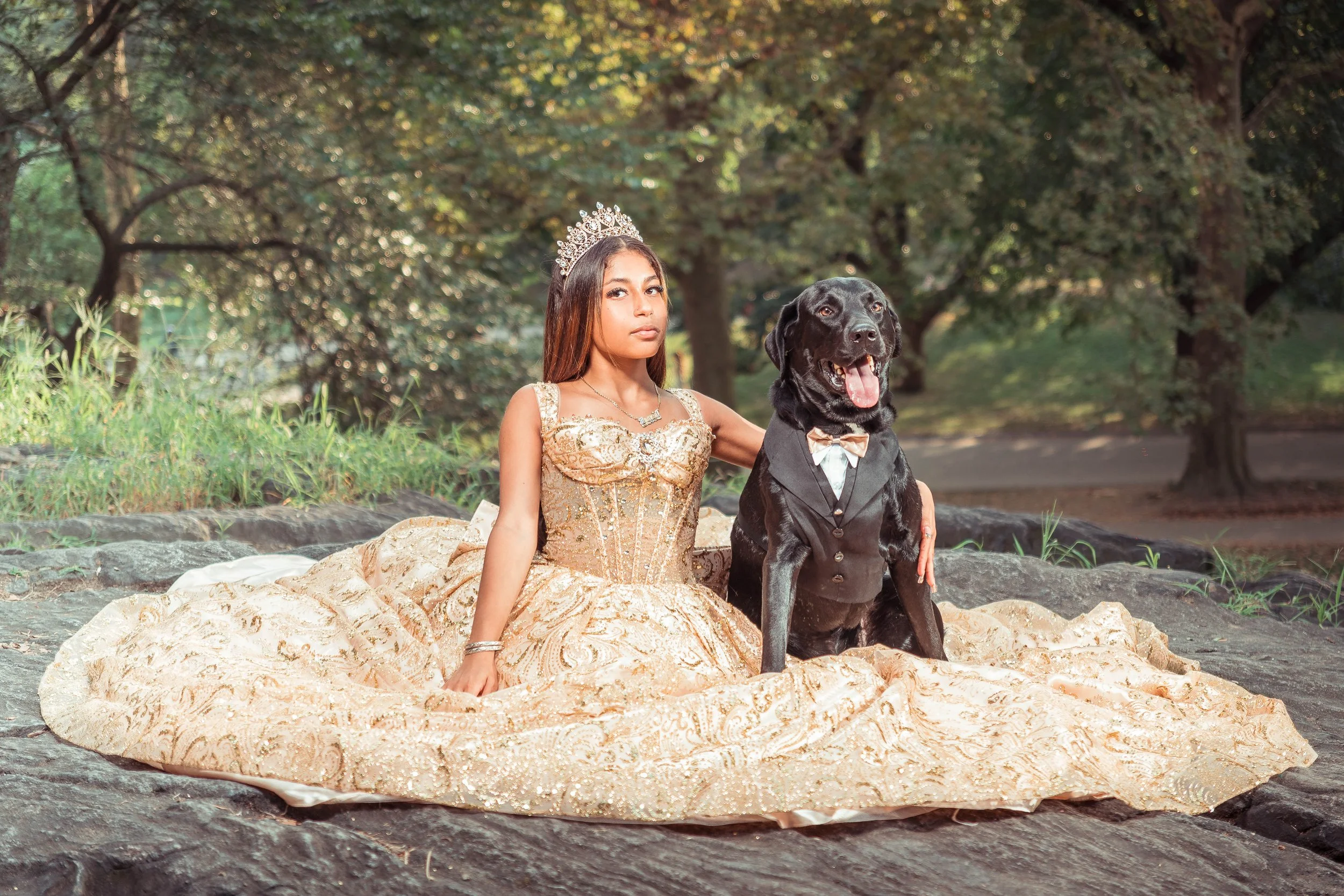 Una joven con un vestido dorado y una corona, acompañada de un pastor alemán vestido con traje de gala, sentados sobre una roca en un parque arbolado.
