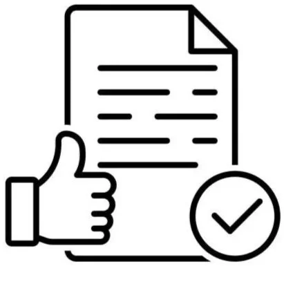 Documento con marca de verificación, pulgar hacia arriba y círculo con marca de verificación.