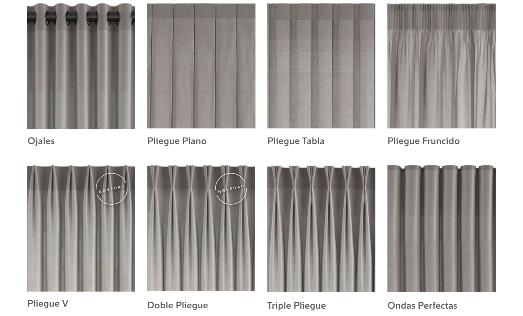 Muestra diferentes tipos de cortinas en tonos grises, incluyendo ojales, pliegue plano, pliegue tabla, pliegue fruncido, pliegue V, doble pliegue, triple pliegue y ondas perfectas.