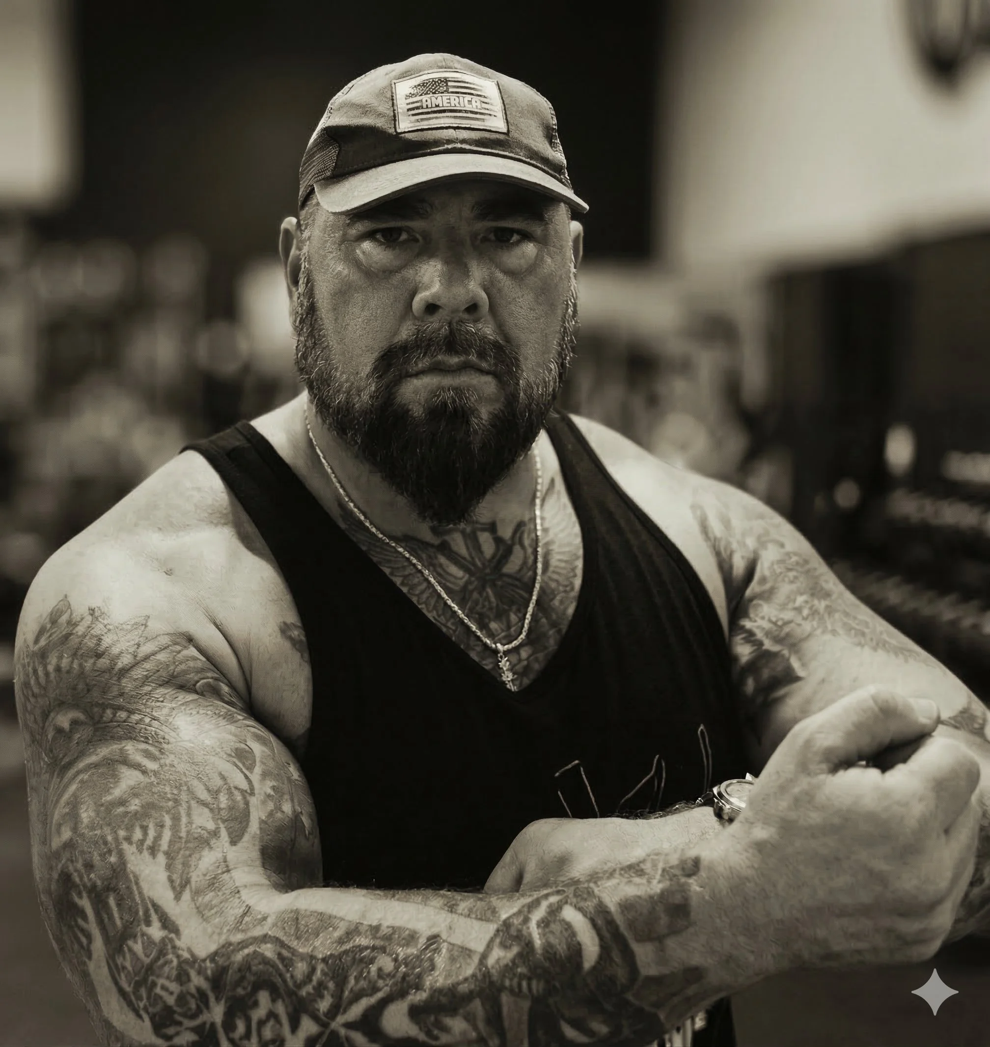 A muscular man with a beard and tattoos on his arms wearing a black tank top and a baseball cap with an American flag patch. He is sitting at a table in a dimly lit setting, looking directly at the camera with an intense expression.