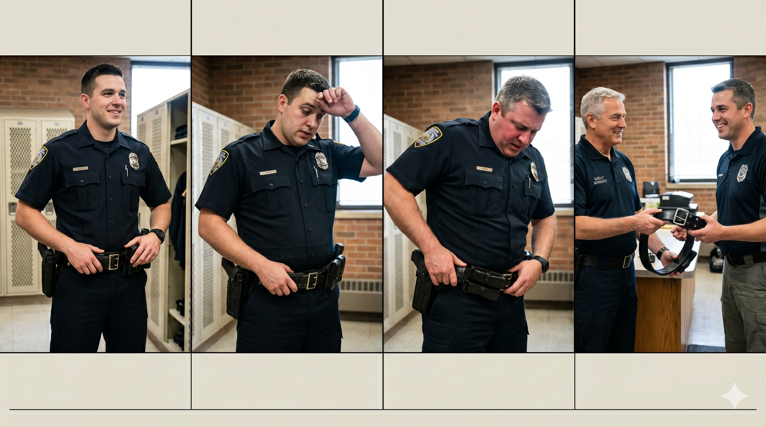 Four police officers in uniform at a locker room, engaging in conversation and exchanging a police belt.