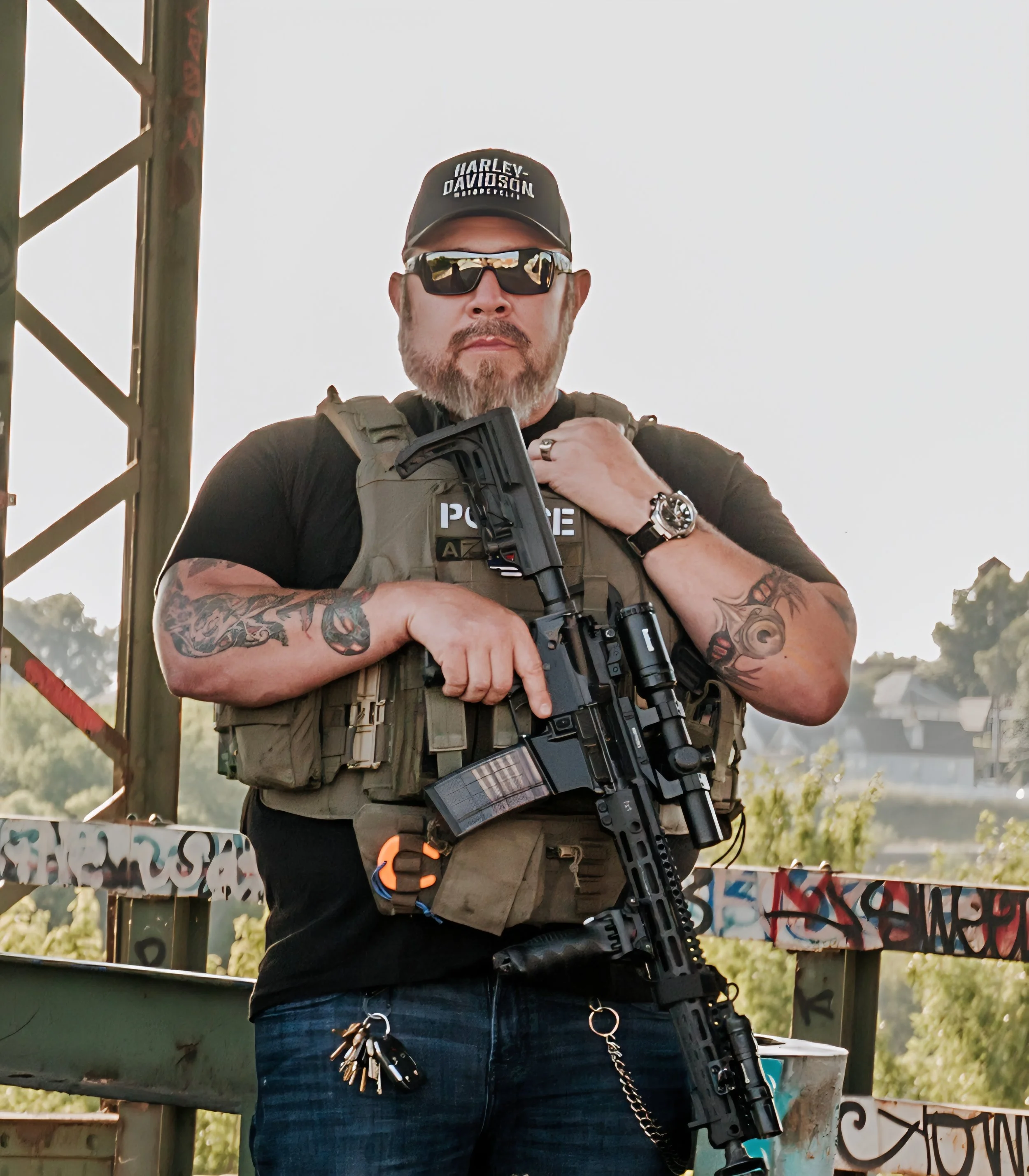 A man wearing a black Harley Davidson cap, sunglasses, and tactical gear, holding a rifle, with tattoos on his arms, standing outdoors near a graffiti-covered wall.