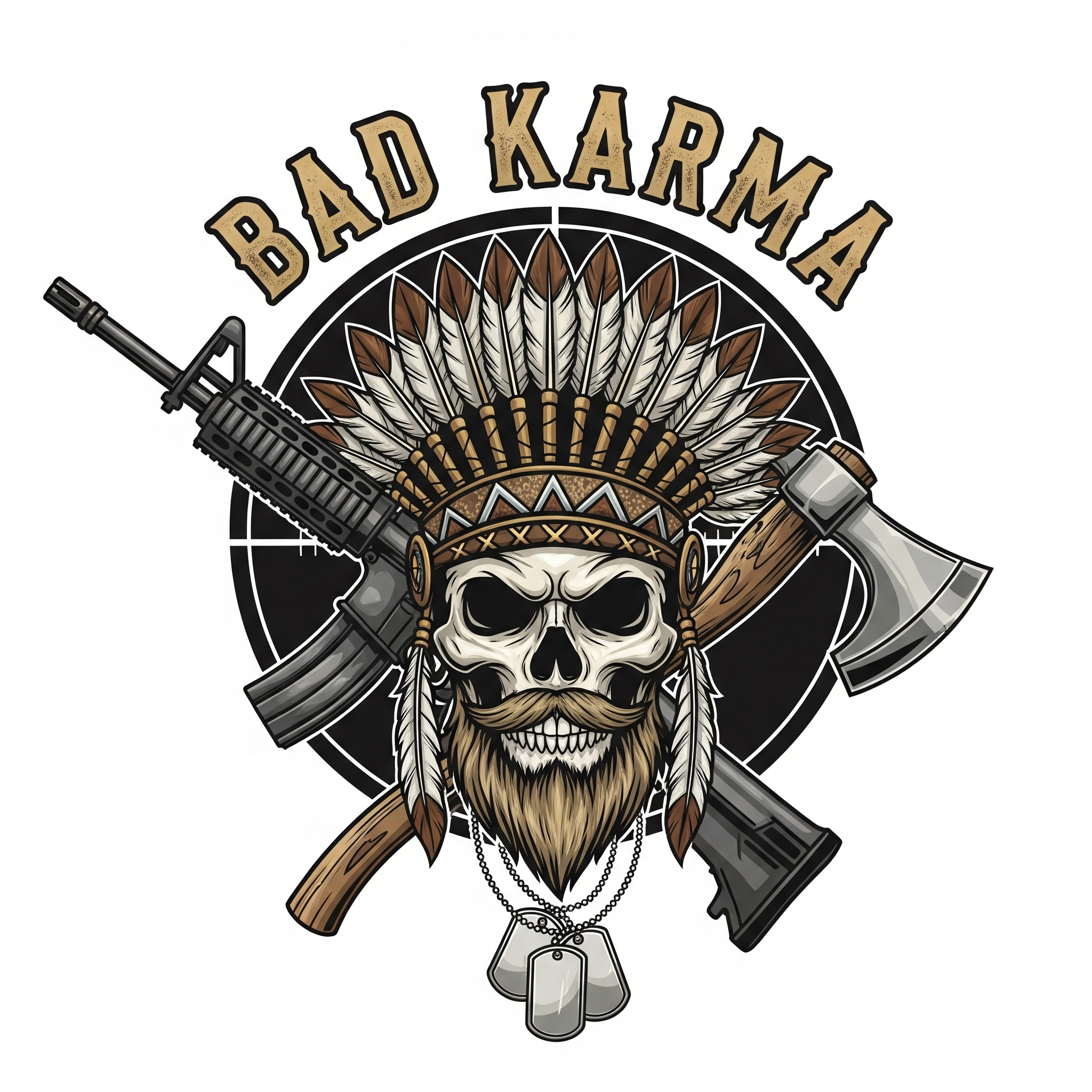 A skull wearing a Native American headdress decorated with feathers, surrounded by rifles, bullets, dog tags, and jewelry.