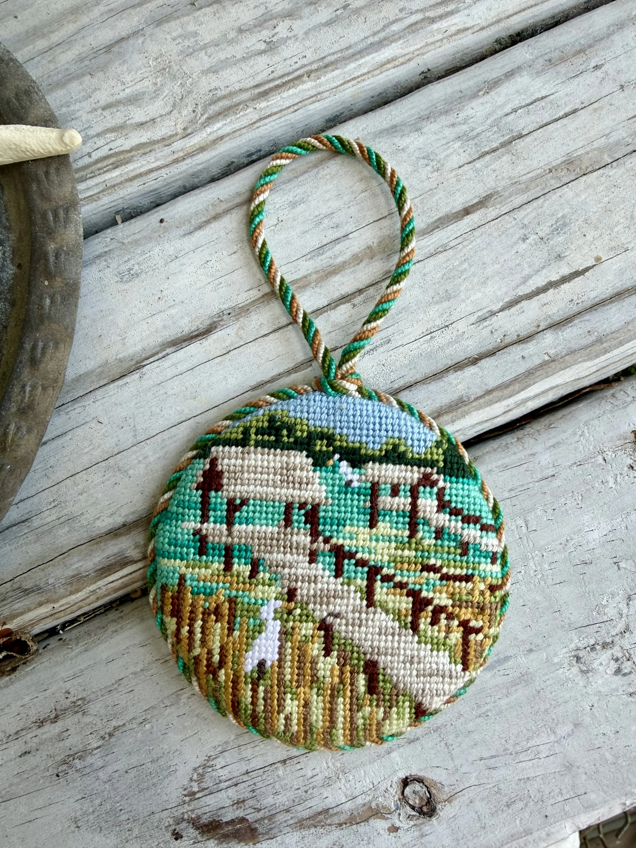  Small Round Finished Needlepoint Ornament with custom cording. Lowcountry image hand stitched Finished with The Salty Stitchery