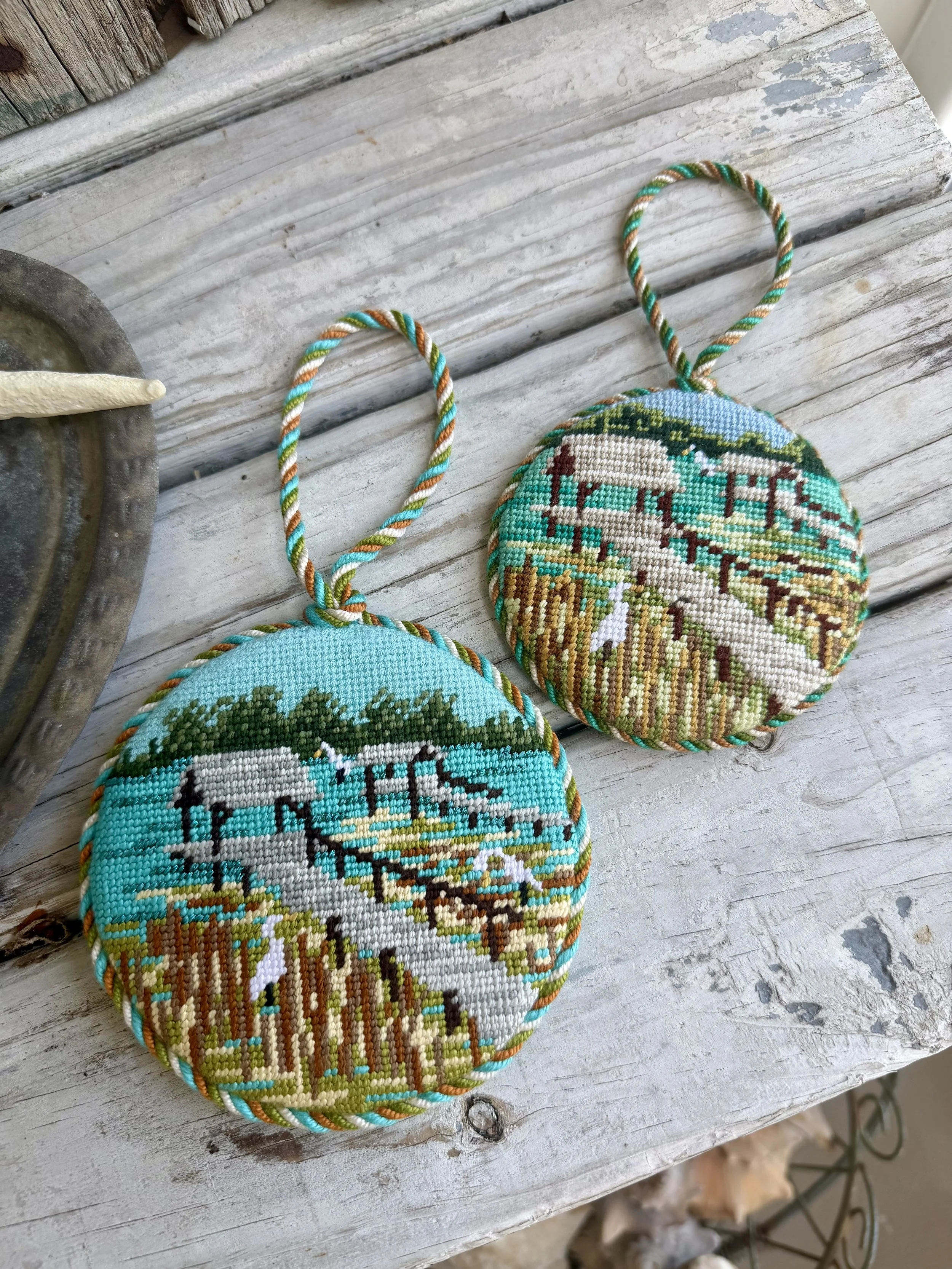  2 Round Finished Needlepoint Ornaments with custom cording. Lowcountry image hand stitched Finished with The Salty Stitchery