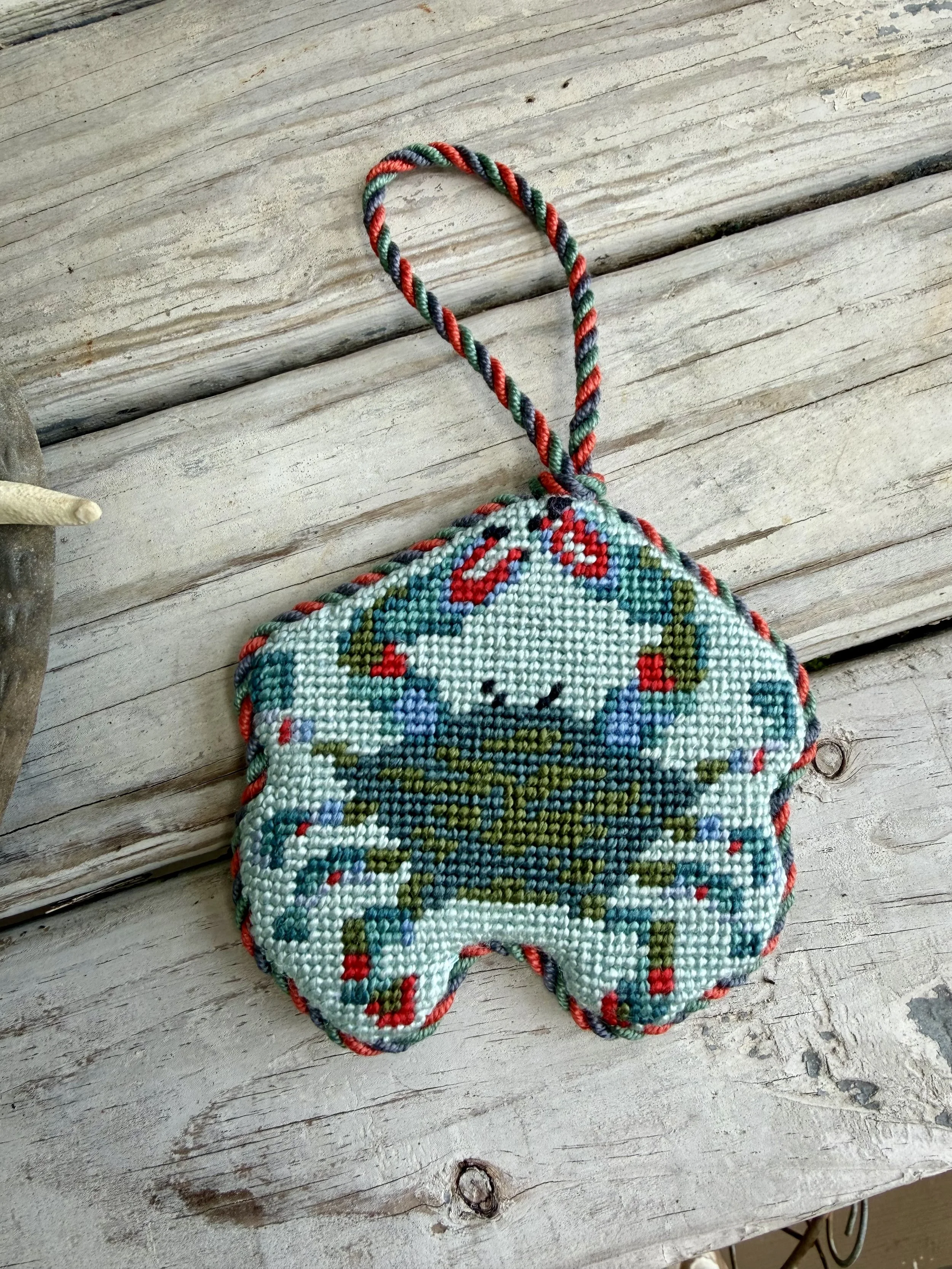Irregular Shaped Carb Ornament with custom Cording  - Finished by The Salty Stitchery