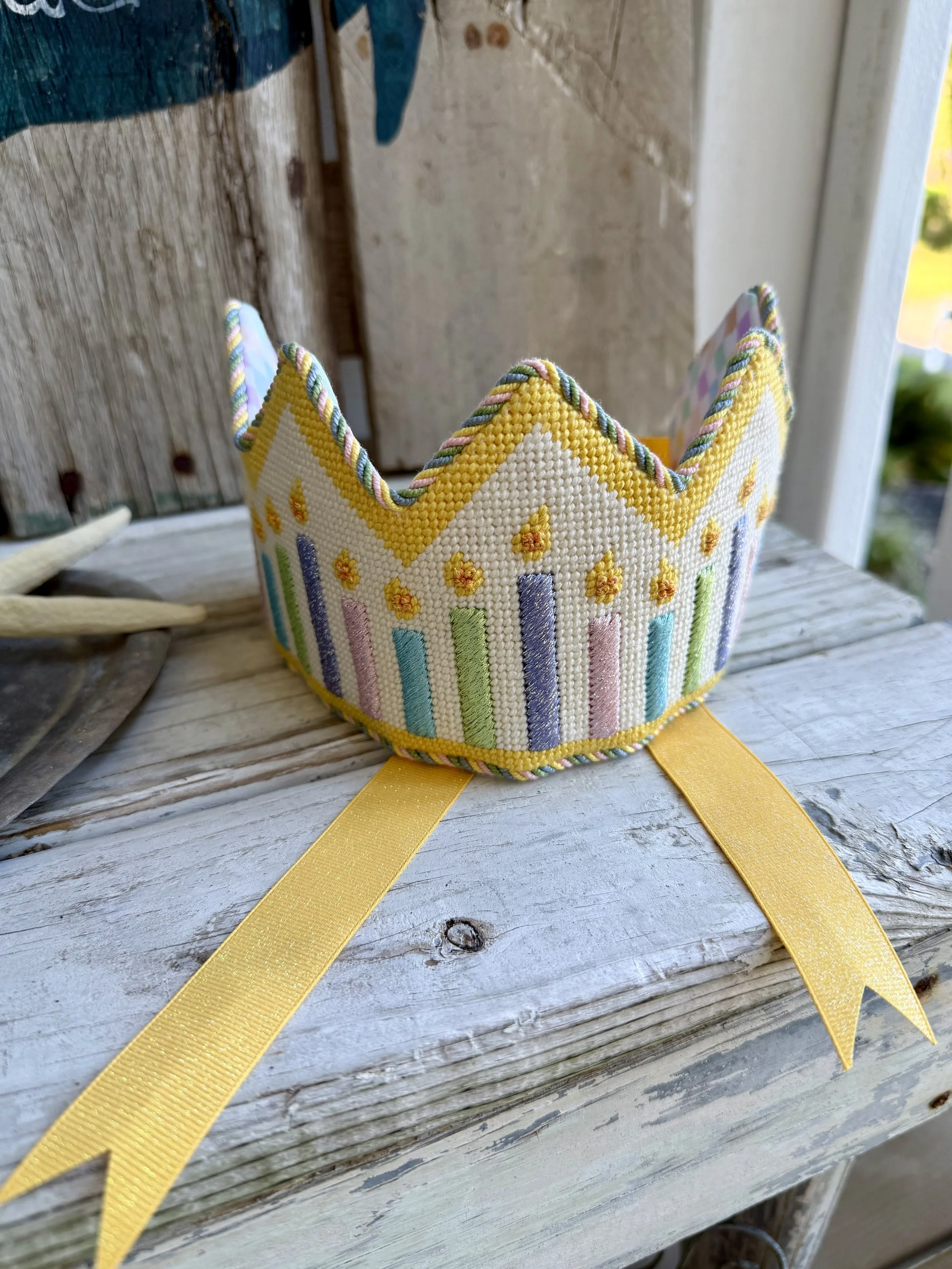 Hand Stitched pastel needlepoint crown with Custom Cording - Finished by The Salty Stitchery
