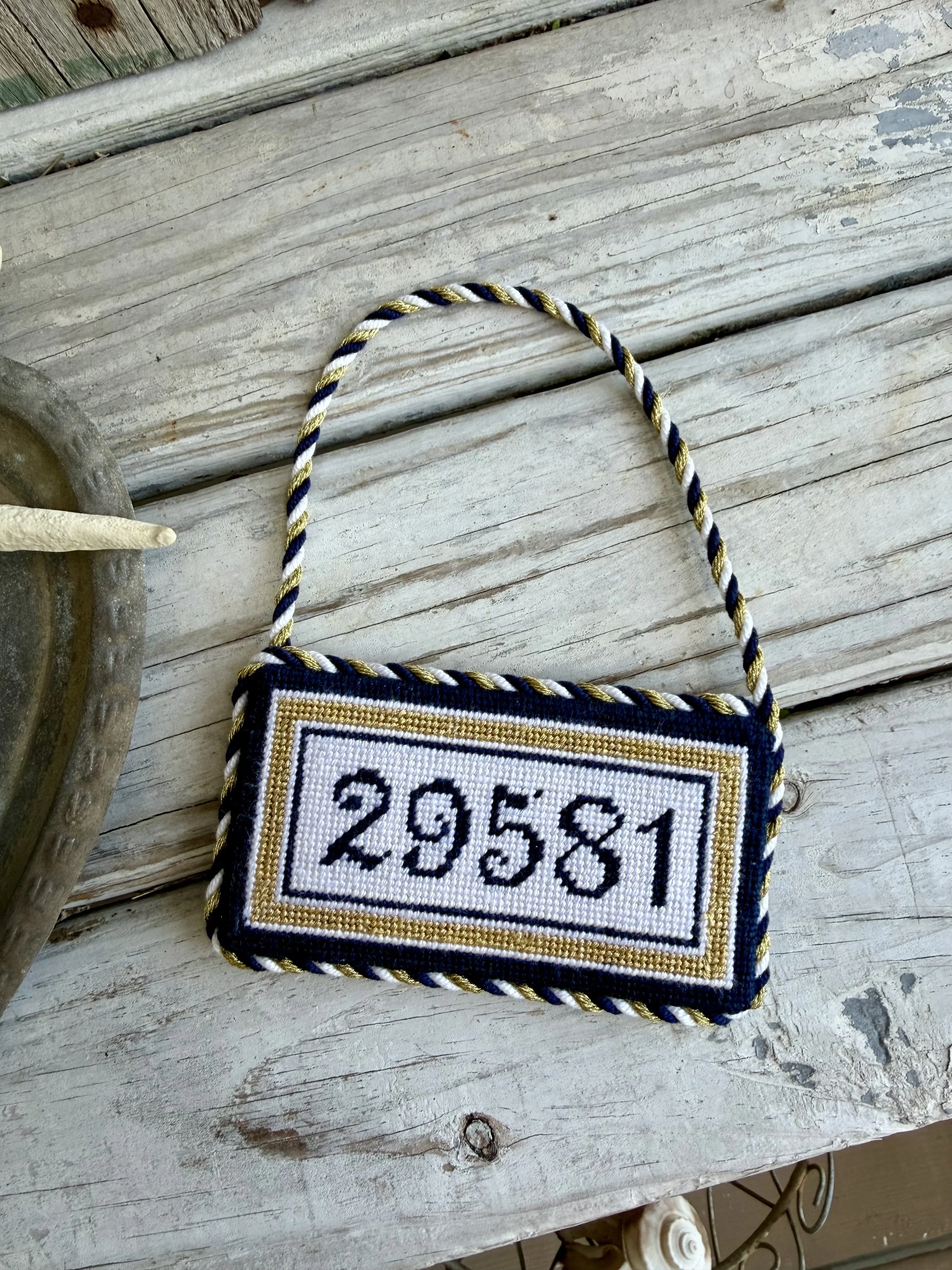 Rectangular Needlepoint Ornament with custom cording  - Finished by The Salty Stitchery