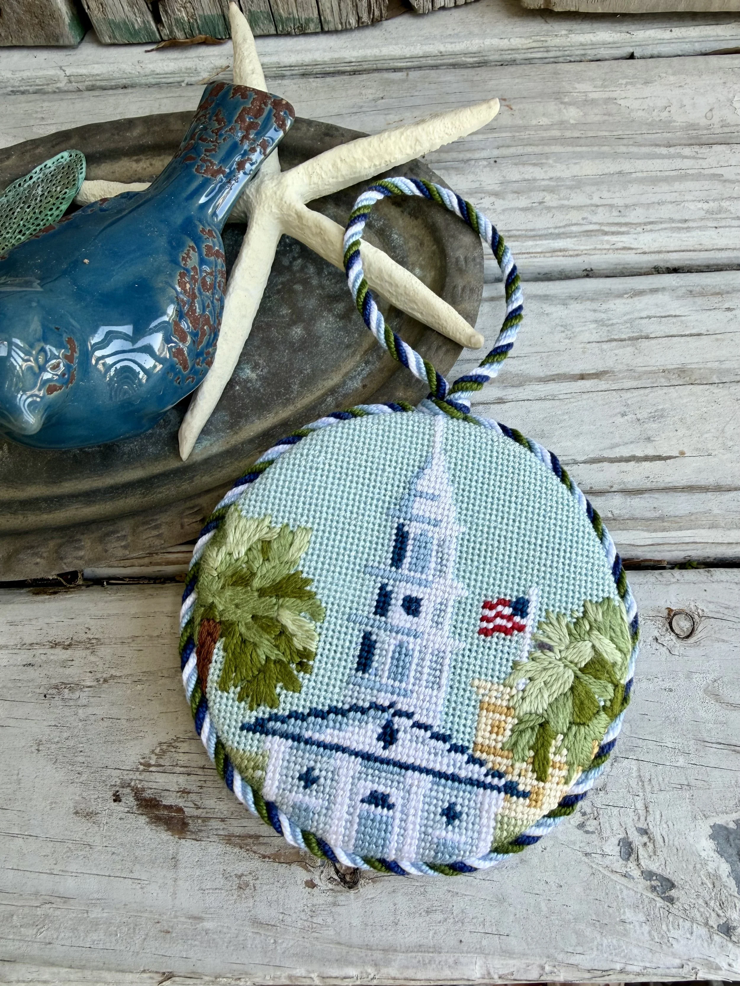 Round Finished Needlepoint Ornament with custom cording. Charleston Image hand stitched Finished with The Salty Stitchery