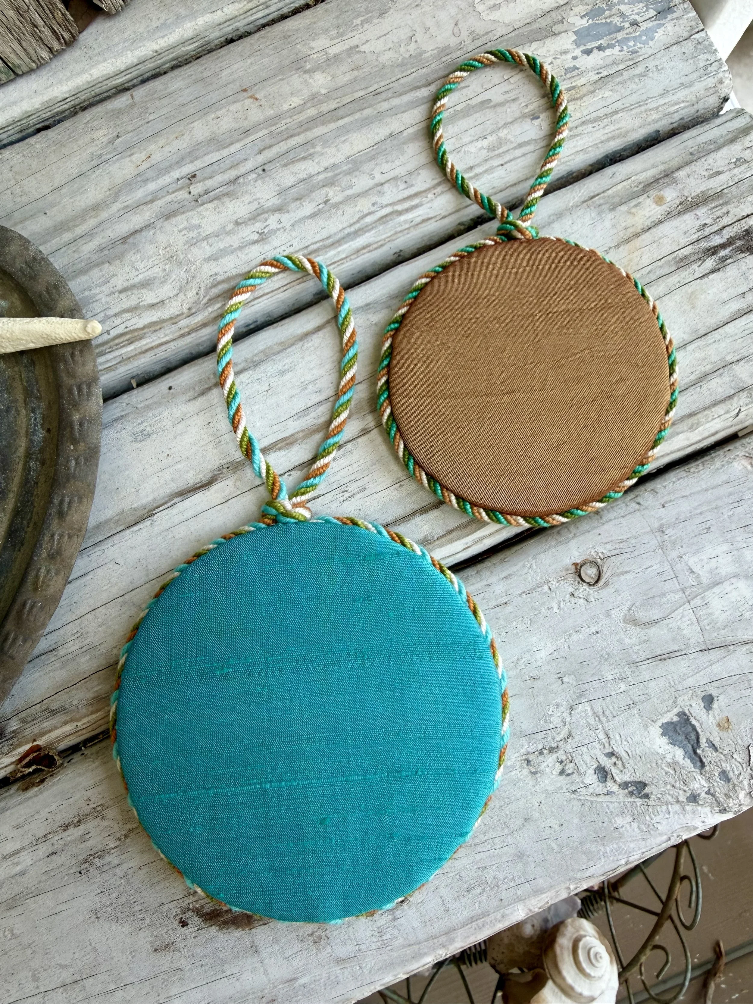  2 Round Finished Needlepoint Ornaments with custom cording. (Showing backs) Lowcountry image hand stitched Finished with The Salty Stitchery