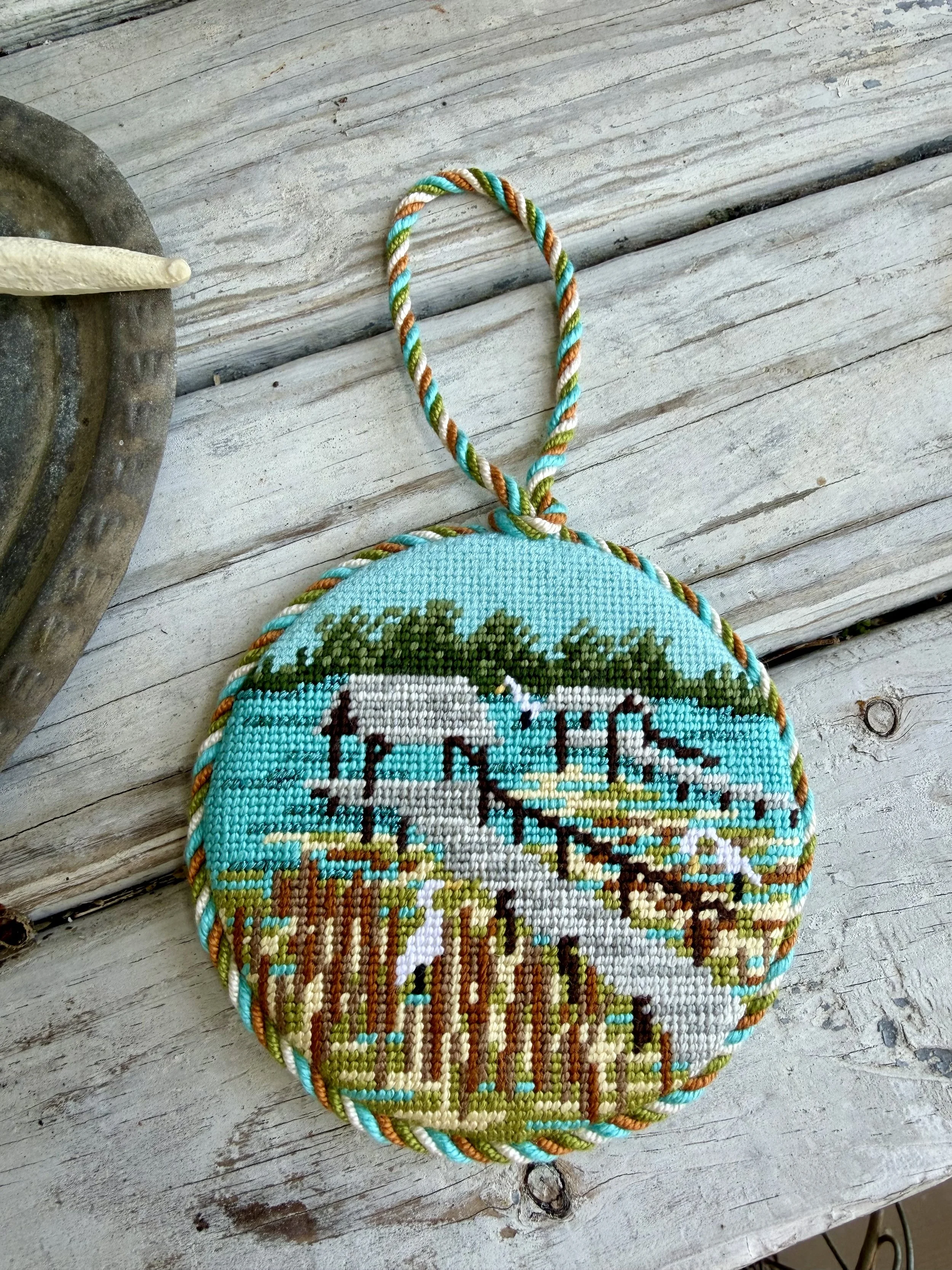  Large Round Finished Needlepoint Ornament with custom cording. Lowcountry image hand stitched Finished with The Salty Stitchery