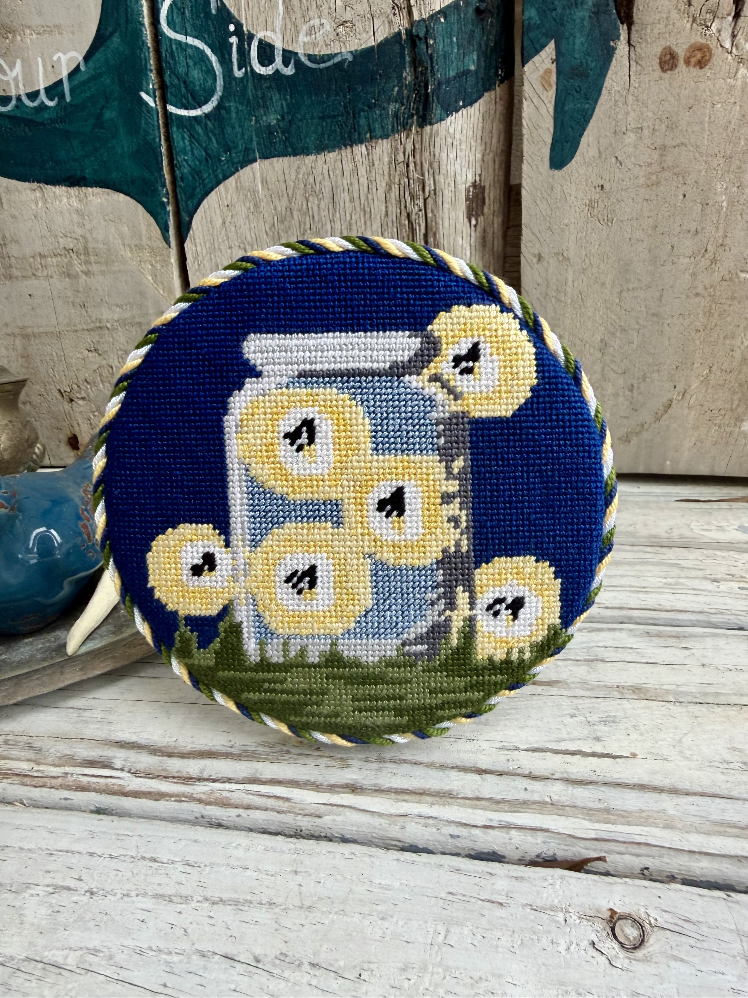  Large Round Finished Needlepoint Stand-up with acrylic stand  with custom cording. Lightning Bugs in a Mason jar image hand stitched Finished with The Salty Stitchery