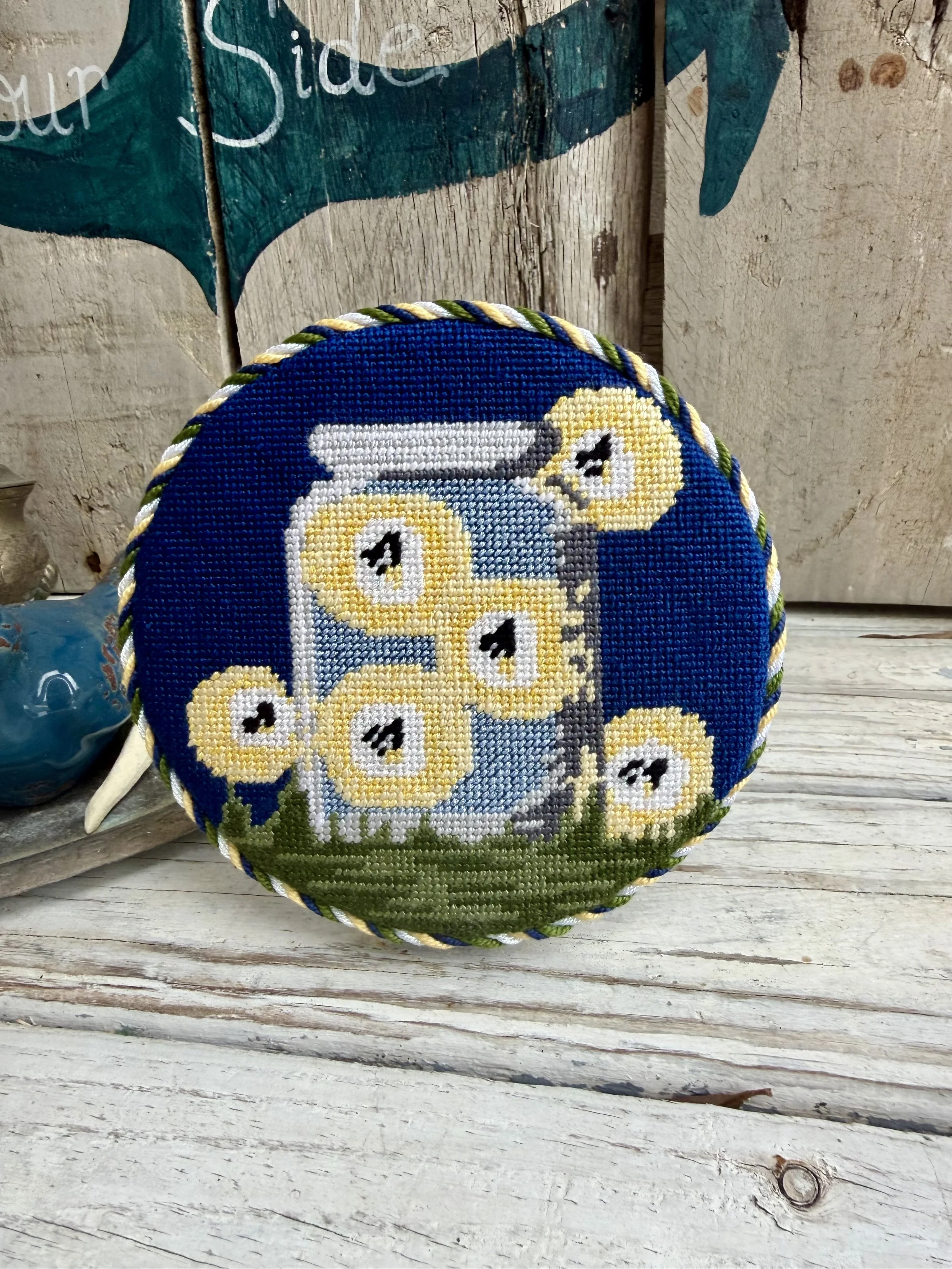  Large Round Finished Needlepoint Stand-up with acrylic stand  with custom cording. Lightning Bugs in a Mason jar image hand stitched Finished with The Salty Stitchery