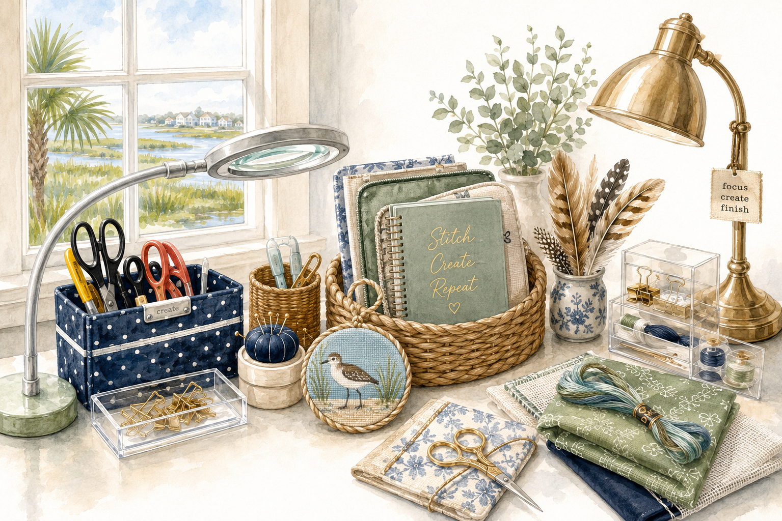 A craft workspace with scissors, needles, and thread on a table, a basket of notebooks, a custom finished needlepoint ornament of a sandpiper, and potted plants, with a window showing a creekside view in the background.