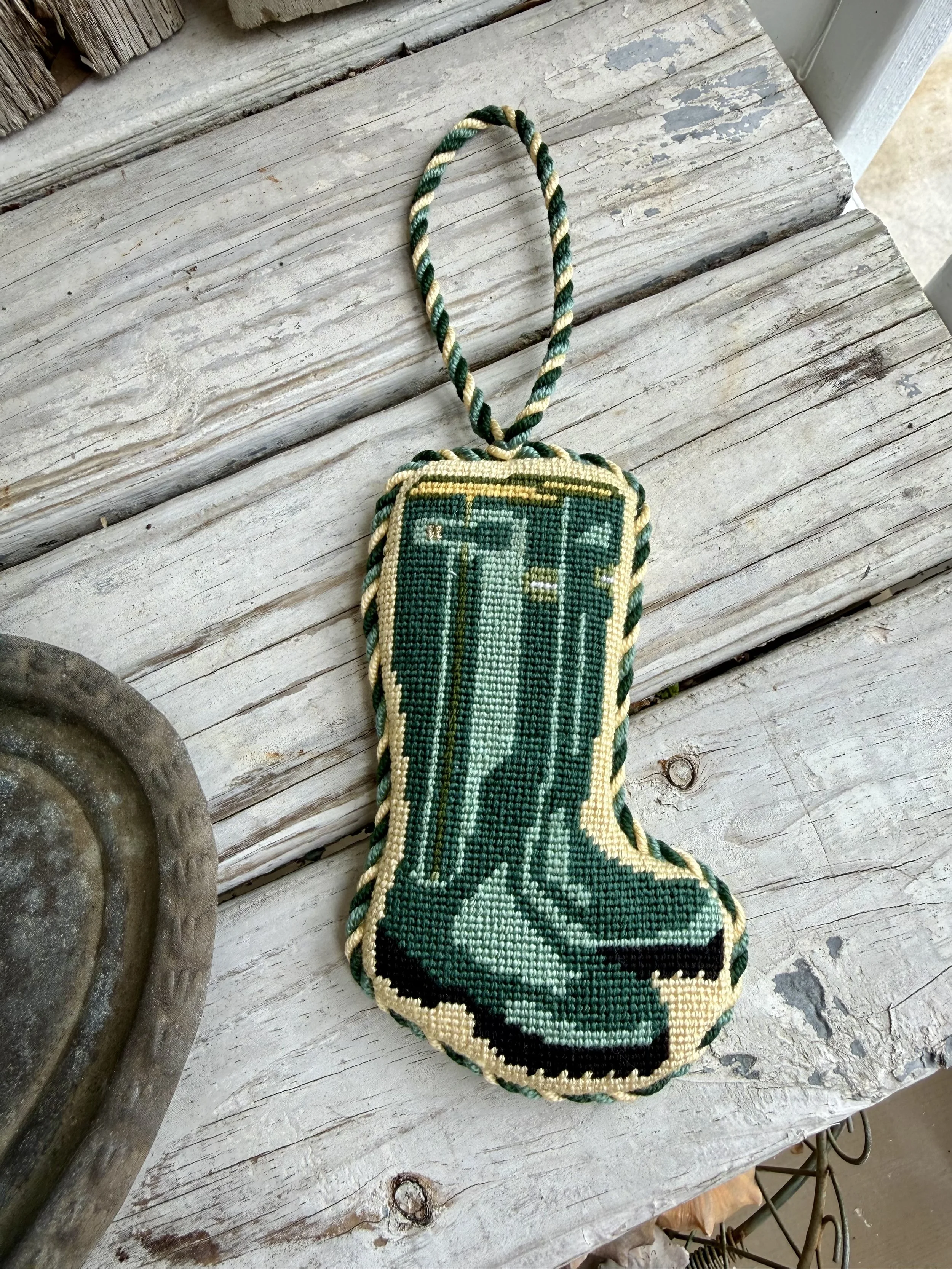 Cute green boots finished needlepoint ornament with custom cording,  hand stitched, Finished with The Salty Stitchery