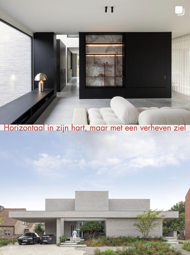 Interior modern living room with black cabinetry, built-in shelving with lighting, marble accents, a white sofa, and a black console with a lamp; exterior view of a contemporary house with a flat roof, surrounded by greenery and parked cars under a partly cloudy sky.