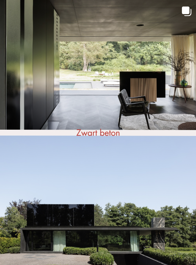 Interior living room with large glass doors opening to a backyard pool, modern furniture, and decor. Exterior view of a modern black building with large windows and greenery.