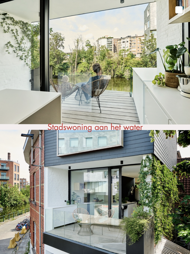 Two images of modern apartment balconies. The top balcony has glass doors, two chairs, and cityscape views with water and trees. The bottom balcony has a glass railing, a small table with two chairs, and an urban residential area with buildings and greenery.