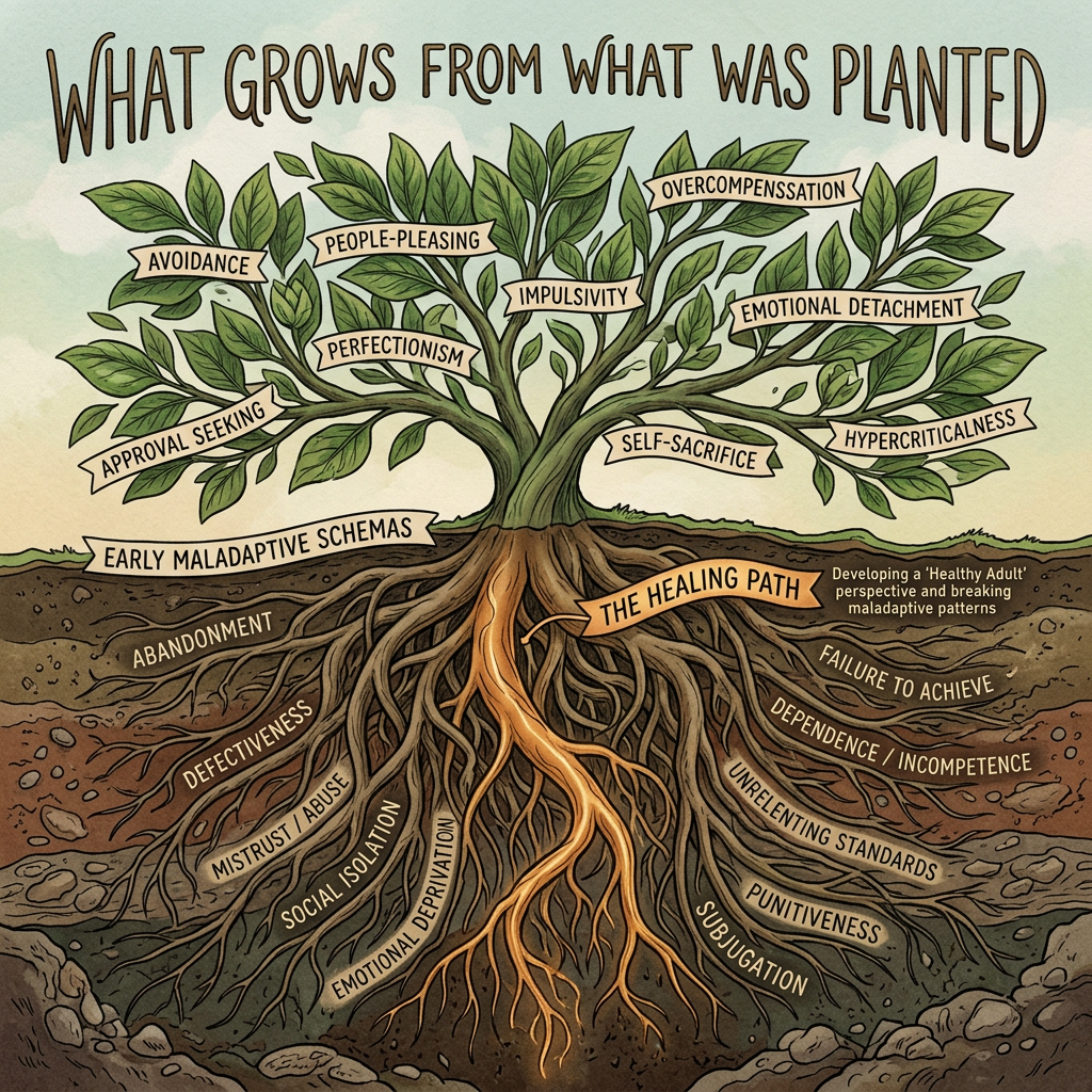 A tree illustrating the roots and branches representing factors that grow from maladaptive patterns and developmental issues, with branches labeled with various problematic traits and roots labeled with underlying causes.