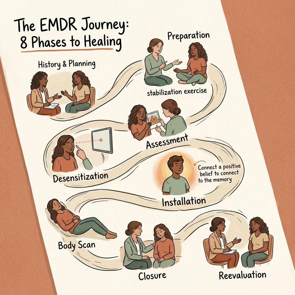 An infographic illustrating the eight phases of EMDR therapy, including history and planning, preparation, stabilization exercise, assessment, desensitization, installation, body scan, and closure and reevaluation, with accompanying illustrations of therapy sessions and exercises.