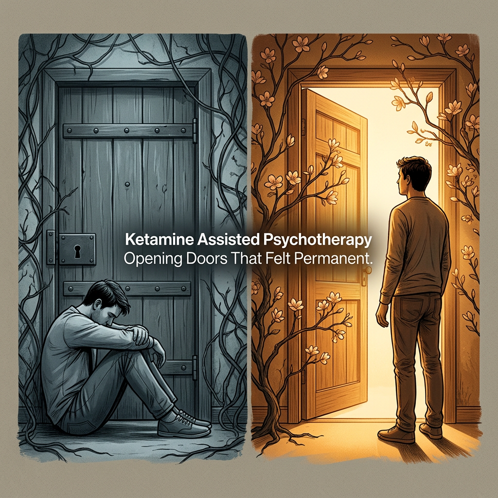 A split illustration with a young man on the left sitting sad and alone in a dark, gloomy room with a wooden door surrounded by tangled vines. On the right, the same young man stands confidently at an open door bathed in warm light, with delicate flowers on the vines framing the doorway. The text in the middle reads 'Ketamine Assisted Psychotherapy - Opening Doors That Felt Permanent.'