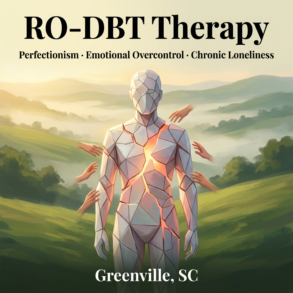 Promotional poster for RO-DBT Therapy featuring a stylized, fragmented human figure with a glowing chest, set against a scenic landscape of hills and mountains with mist. Multiple hands reach toward the figure. Text highlights benefits like perfectionism, emotional overcontrol, and chronic loneliness, with a location of Greenville, SC.