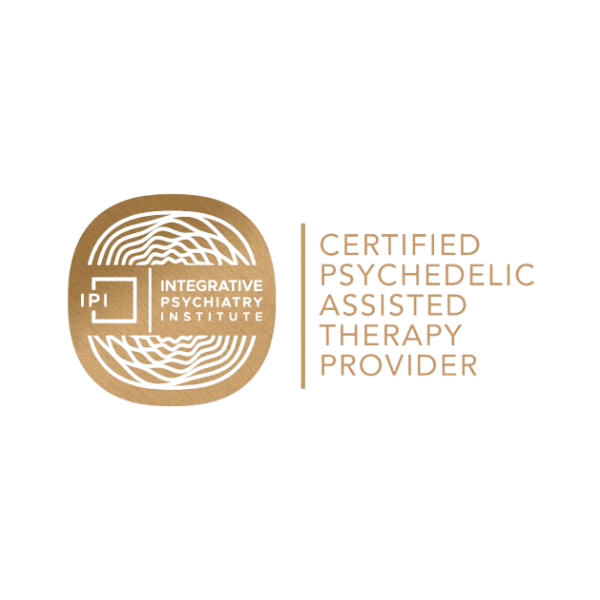 A gold circular badge with white lines and text reading 'IP I Integrative Psychiatry Institute' next to a white card with multicolored text that says 'Certified Psychedelic Assisted Therapy Provider'.
