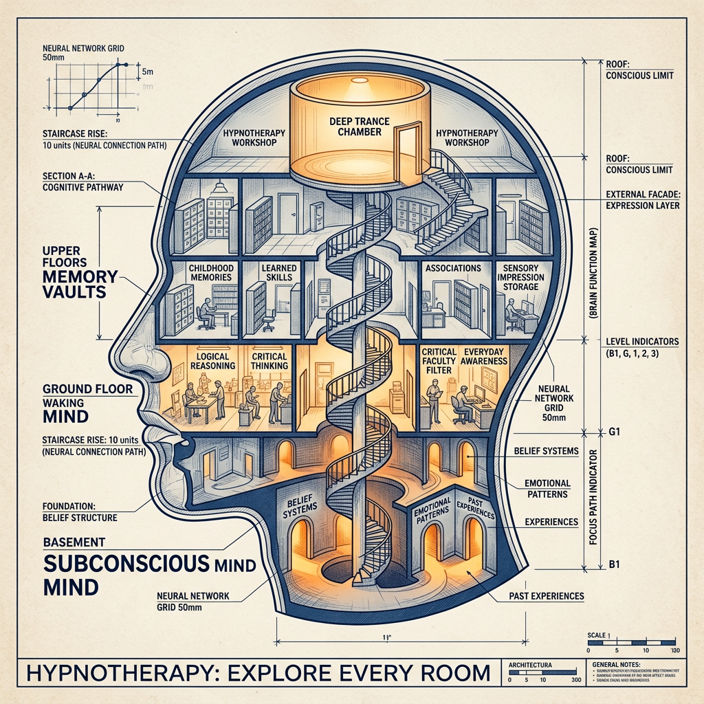 A diagram of a human head showing a layered brain map of the subconscious and consciousness. The basement labeled 'Subconscious Mind' includes belief systems, emotional patterns, past experiences, and neural network grid. The ground floor labeled 'Waking Mind' has logical reasoning, critical thinking, and belief systems. The upper floors called 'Memory Vaults' contain childhood memories, learned skills, associations, and sensory impression storage. The roof labeled 'Conscious Limit' has a deep trance chamber, Hypnotherapy workshops, and an external expression layer. A spiral staircase connects all levels, emphasizing exploration of the mind through hypnotherapy.