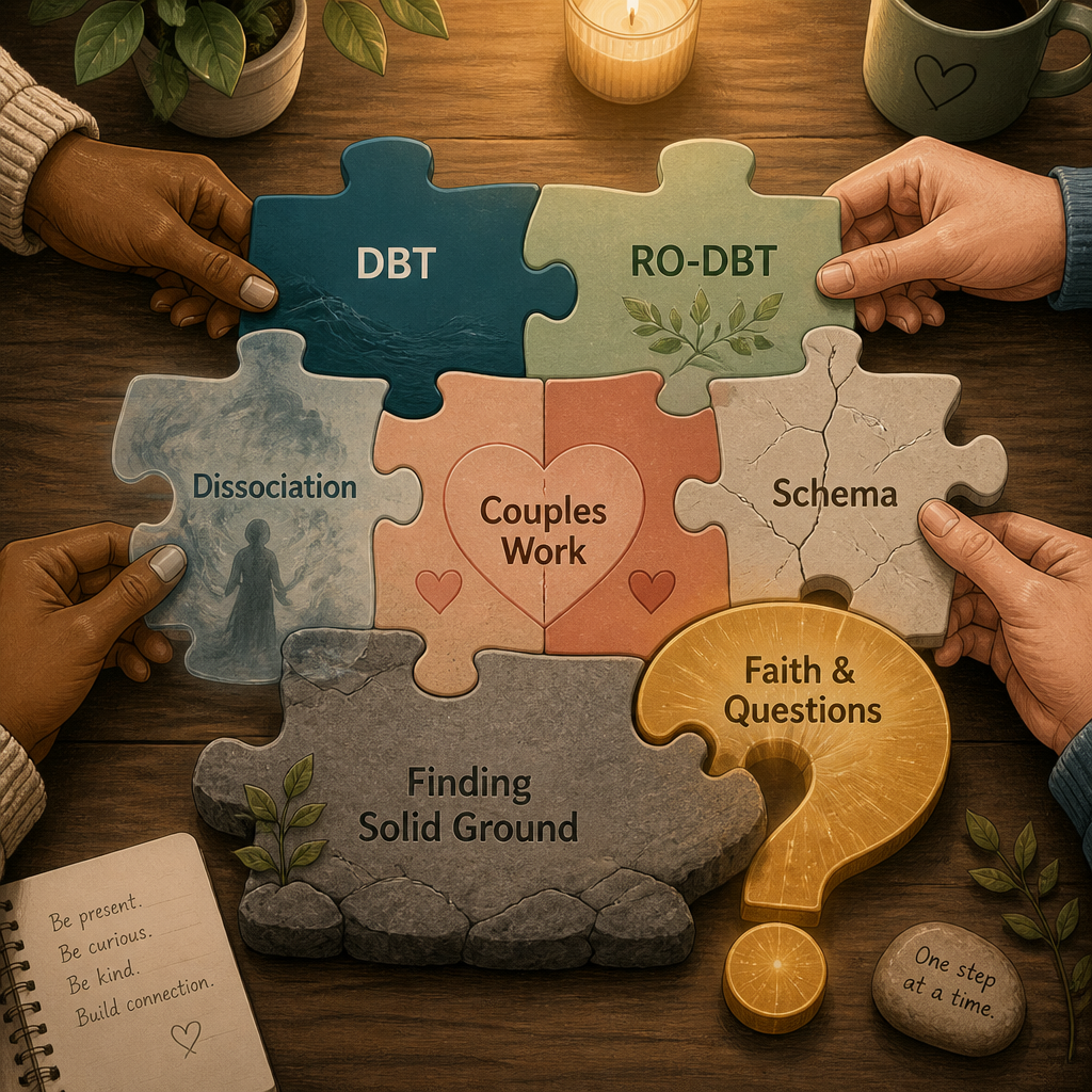 Puzzle pieces with words related to couples therapy, including 'DBT,' 'RO-DBT,' 'Dissociation,' 'Schema,' 'Faith & Questions,' and 'Finding Solid Ground,' on a wooden table with hands holding pieces, surrounded by a candle, plants, a mug with a heart, and a notebook with handwritten notes.