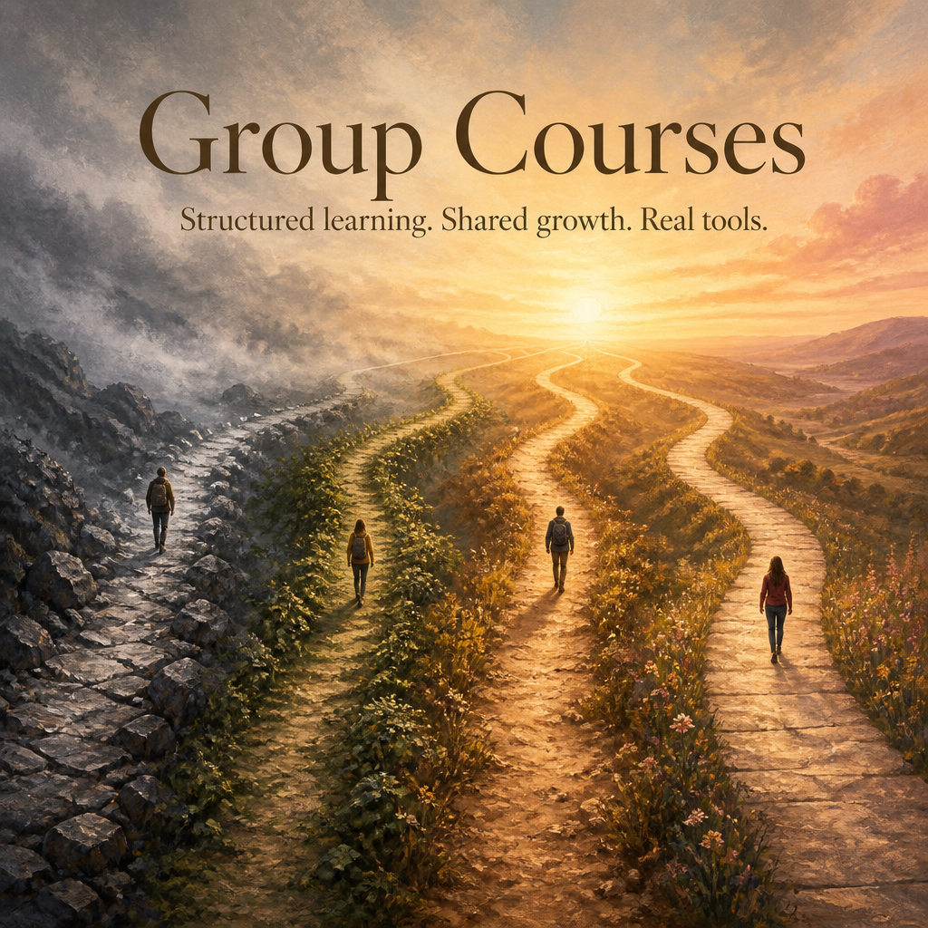 Illustration of four people walking along different winding paths through a scenic landscape at sunset, with the text 'Group Courses' and the tagline 'Structured learning. Shared growth. Real tools.'