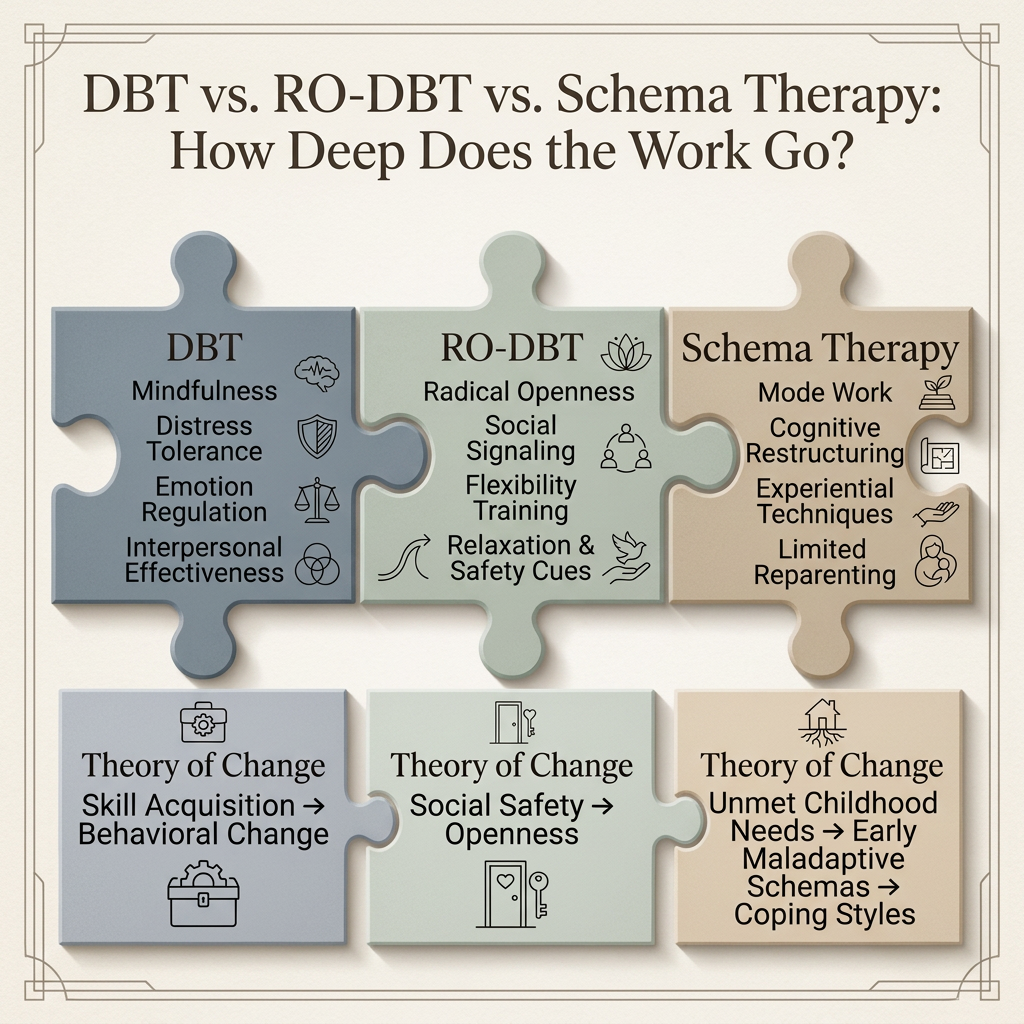 An infographic comparing DBT, RO-DBT, and Schema Therapy using puzzle piece icons. It highlights key concepts and theories related to each therapy, including mindfulness, radical openness, mode work, and theories of change for behavioral, social safety, and childhood needs.