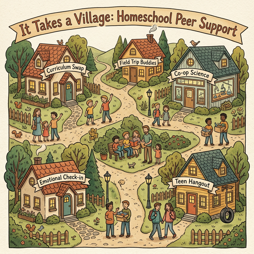 Illustration of a community scene titled 'It Takes a Village: Homeschool Peer Support'. It features several houses labeled 'Curriculum Swap', 'Field Trip Buddies', 'Co-op Science', 'Emotional Check-in', and 'Teen Hangout'. People are engaging in various activities like walking, talking, reading, and socializing in a neighborhood setting with trees, bushes, and pathways.