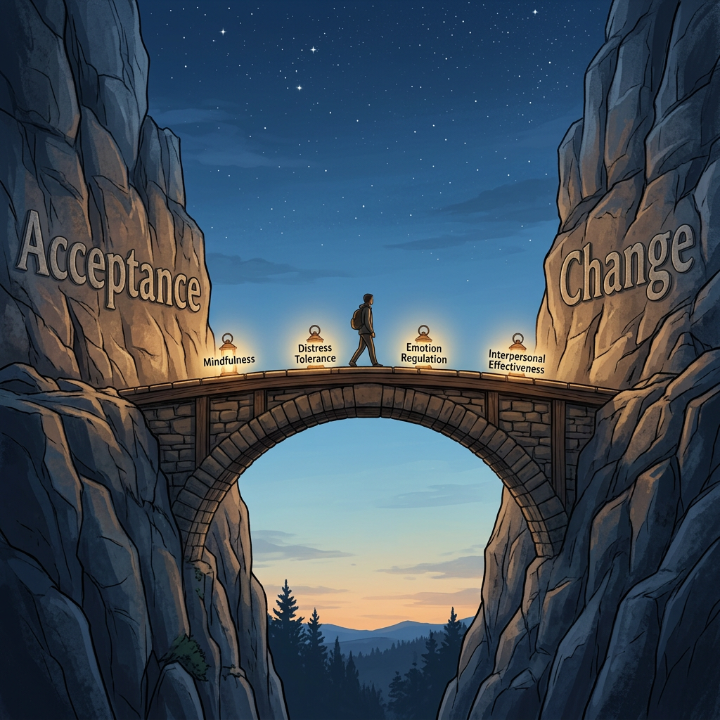 A person walking on a bridge between two mountains with the words 'Acceptance' on the left and 'Change' on the right. On the bridge, there are five lamps labeled mindfulness, distress tolerance, emotion regulation, and interpersonal effectiveness. The scene is set during dusk with a starry sky above.