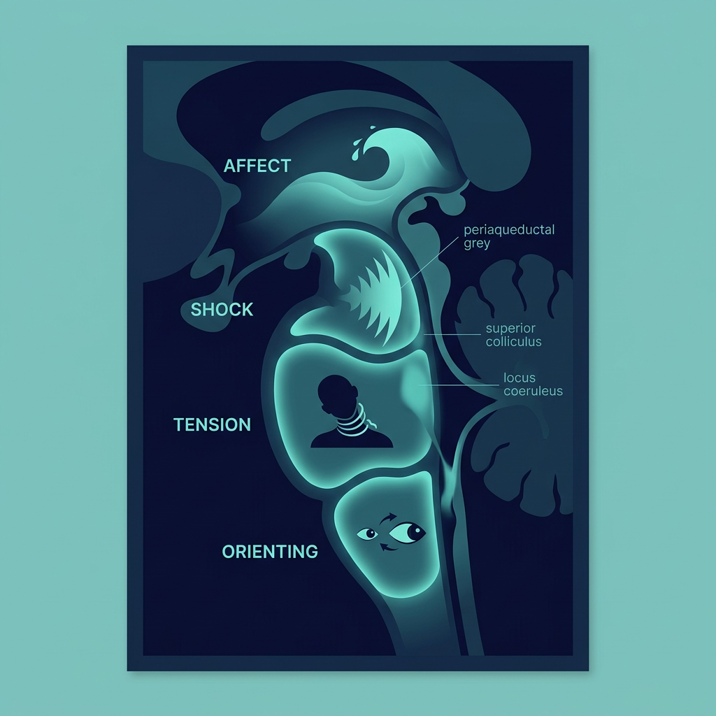 Diagram of the human brain showing different regions, including affect, shock, tension, and orienting, with labels for periaqueductal grey, superior colliculus, and locus coeruleus.