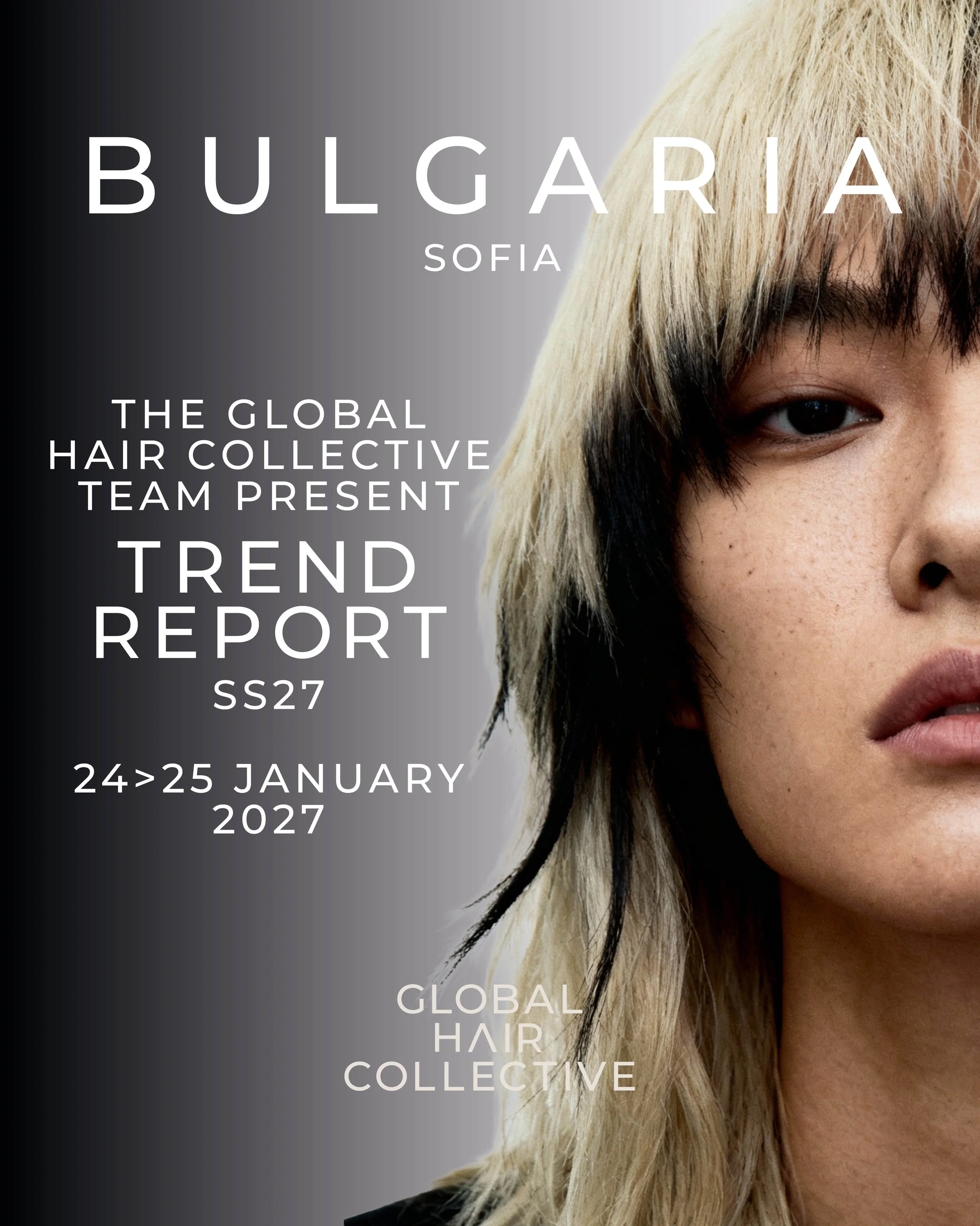 Cover page of a trend report with text and a close-up of a woman's face with blonde and dark hair, partial view.