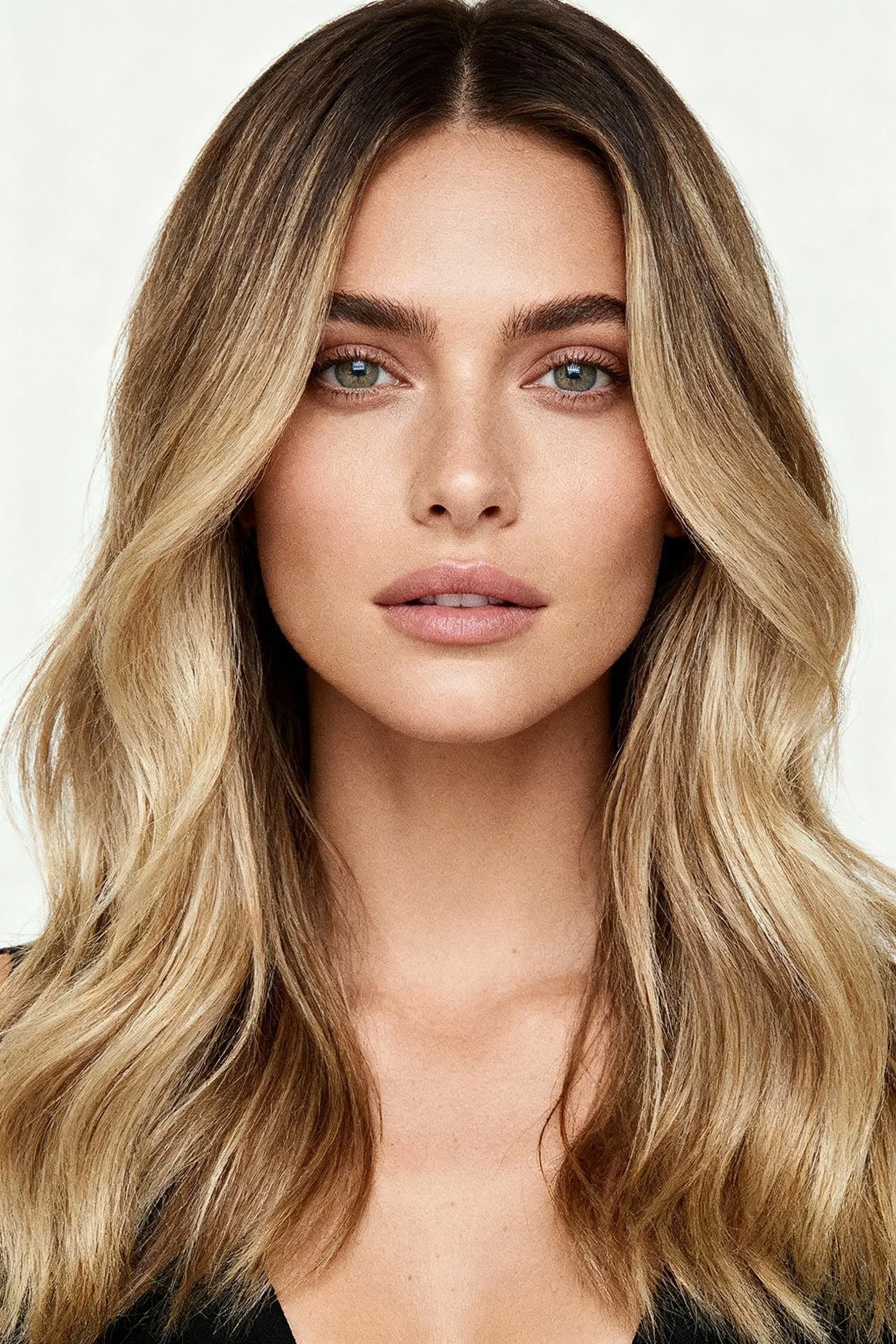 Close-up of a woman with long, wavy blonde hair, light skin, and blue eyes, looking directly at the camera.