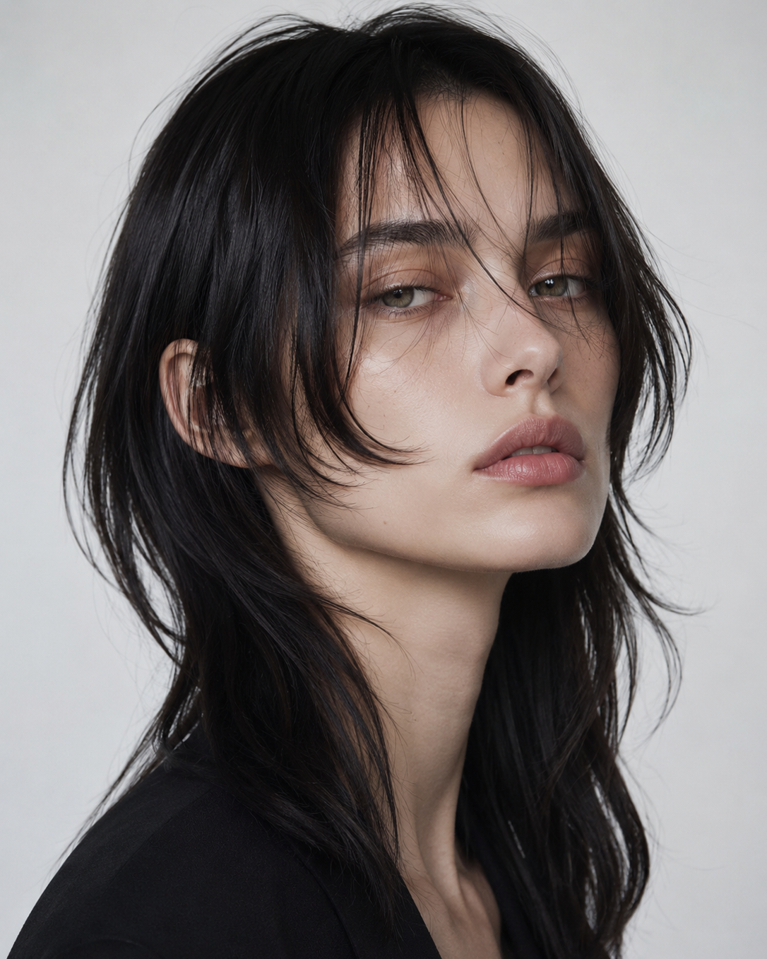 Close-up portrait of a young woman with wet, dark, shoulder-length hair, light skin, and neutral makeup against a plain background.