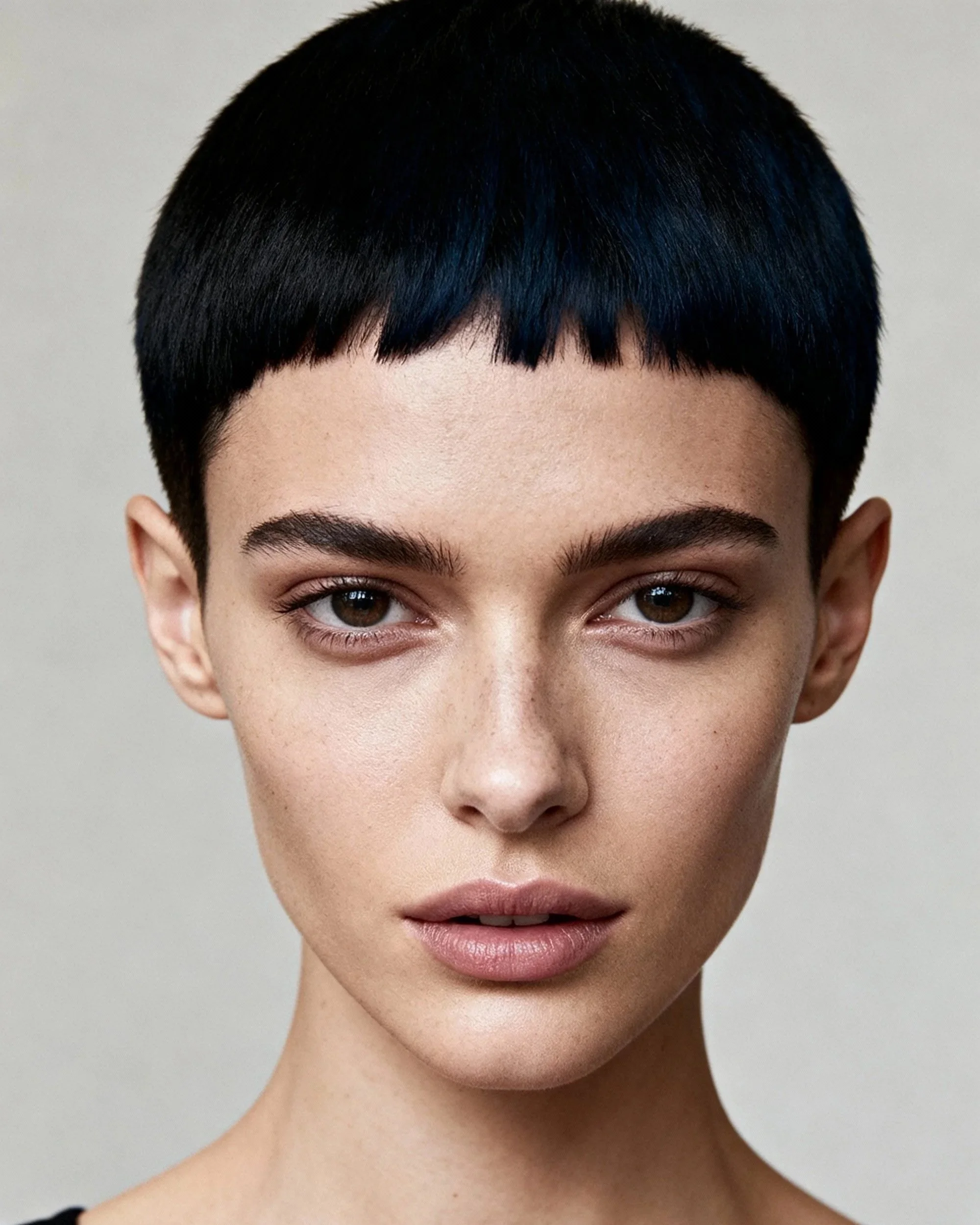 A close-up photo of a person's face, showing their forehead, eyes, nose, lips, and an ear. They have short, black hair and brown eyes, with smooth skin and natural makeup.