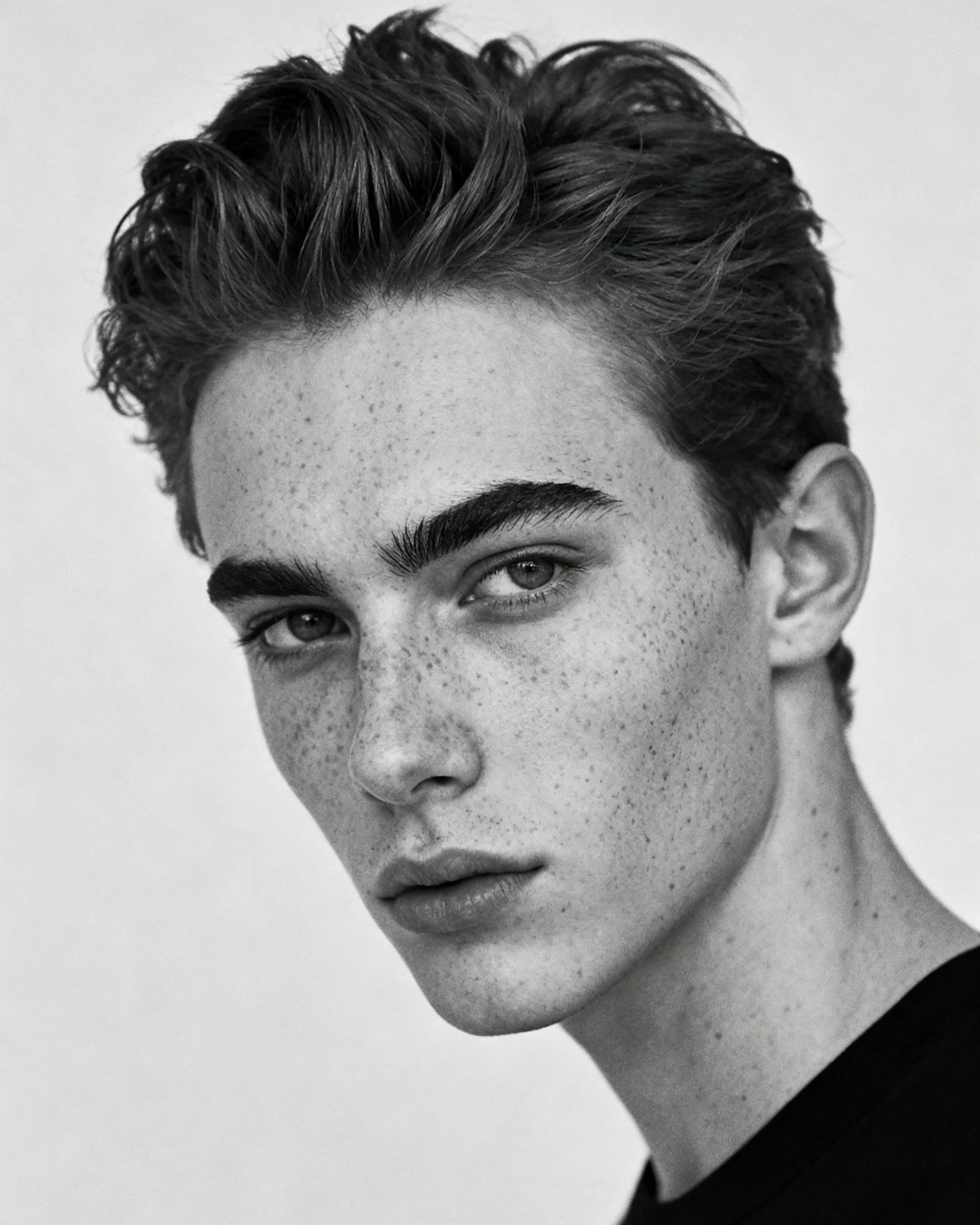 Black and white close-up portrait of a young man with textured hair, freckles, and a serious expression, looking directly at the camera.