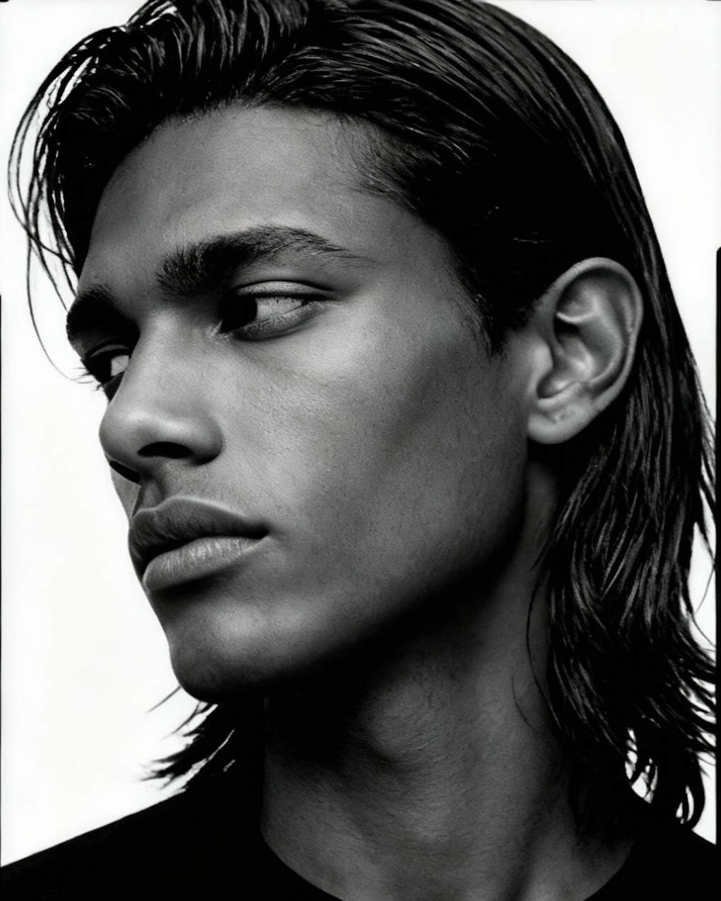 Close-up black and white portrait of a young man with wet, shoulder-length hair, looking to the side.