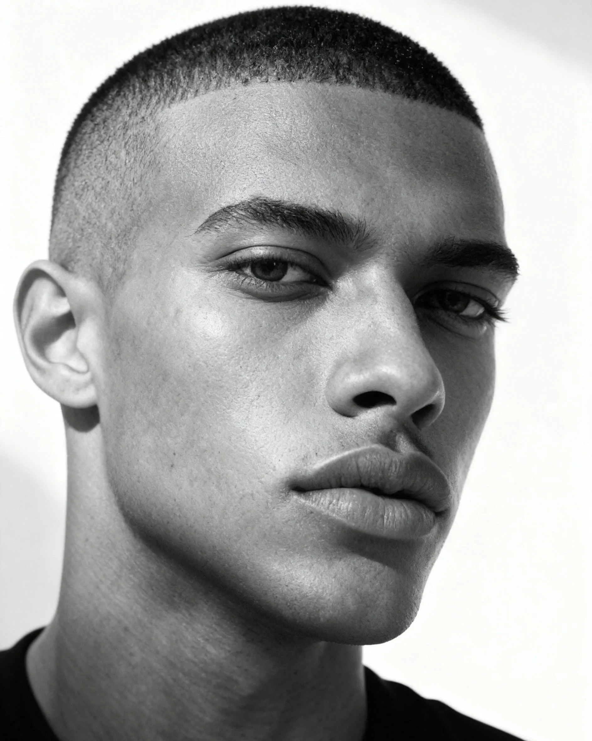Close-up black and white portrait of a person with short hair, showing part of their face, neck, and ear, with a neutral expression.