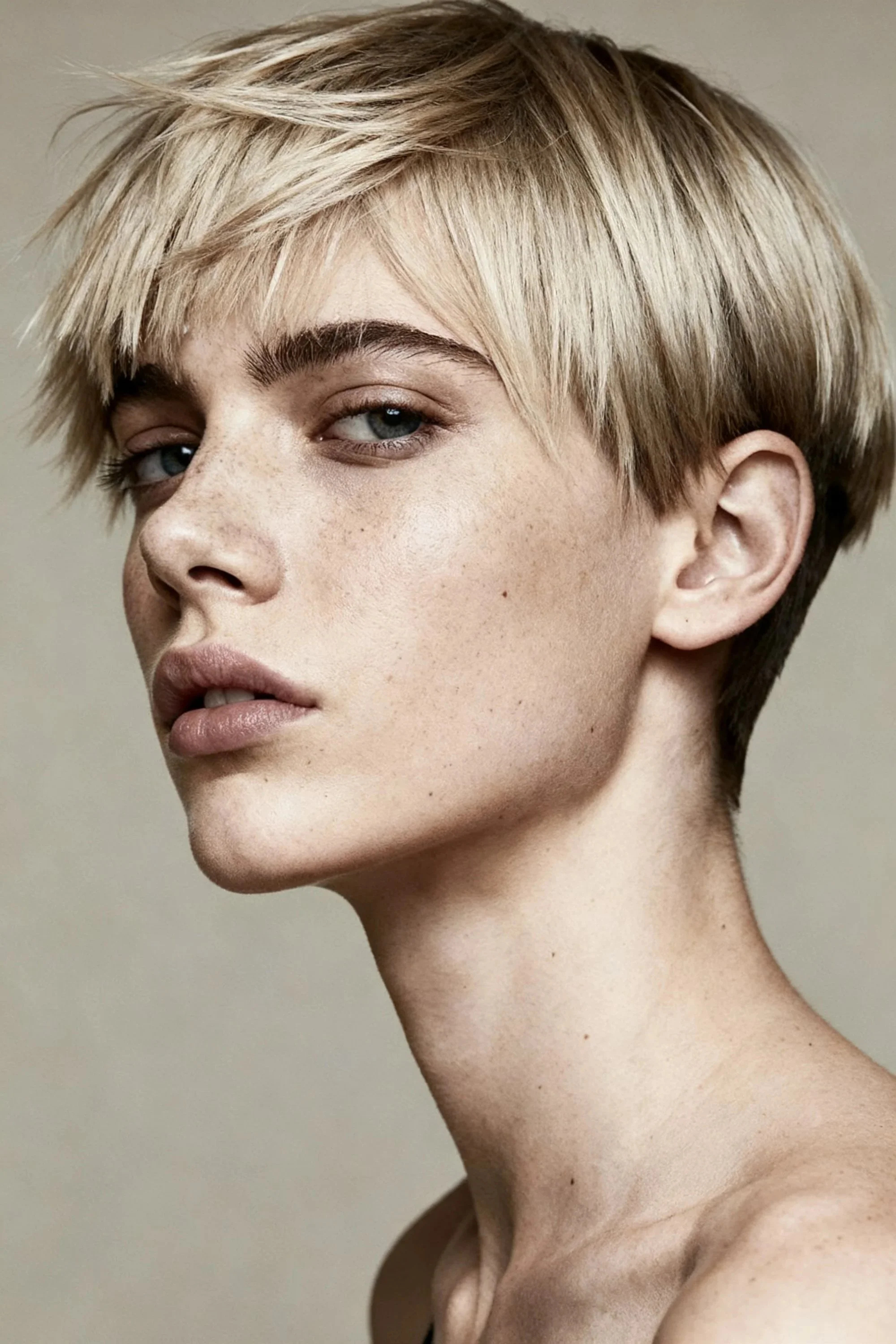 Close-up photo of a person with short, layered blonde hair, fair skin with freckles, and a bare shoulder against a neutral background.