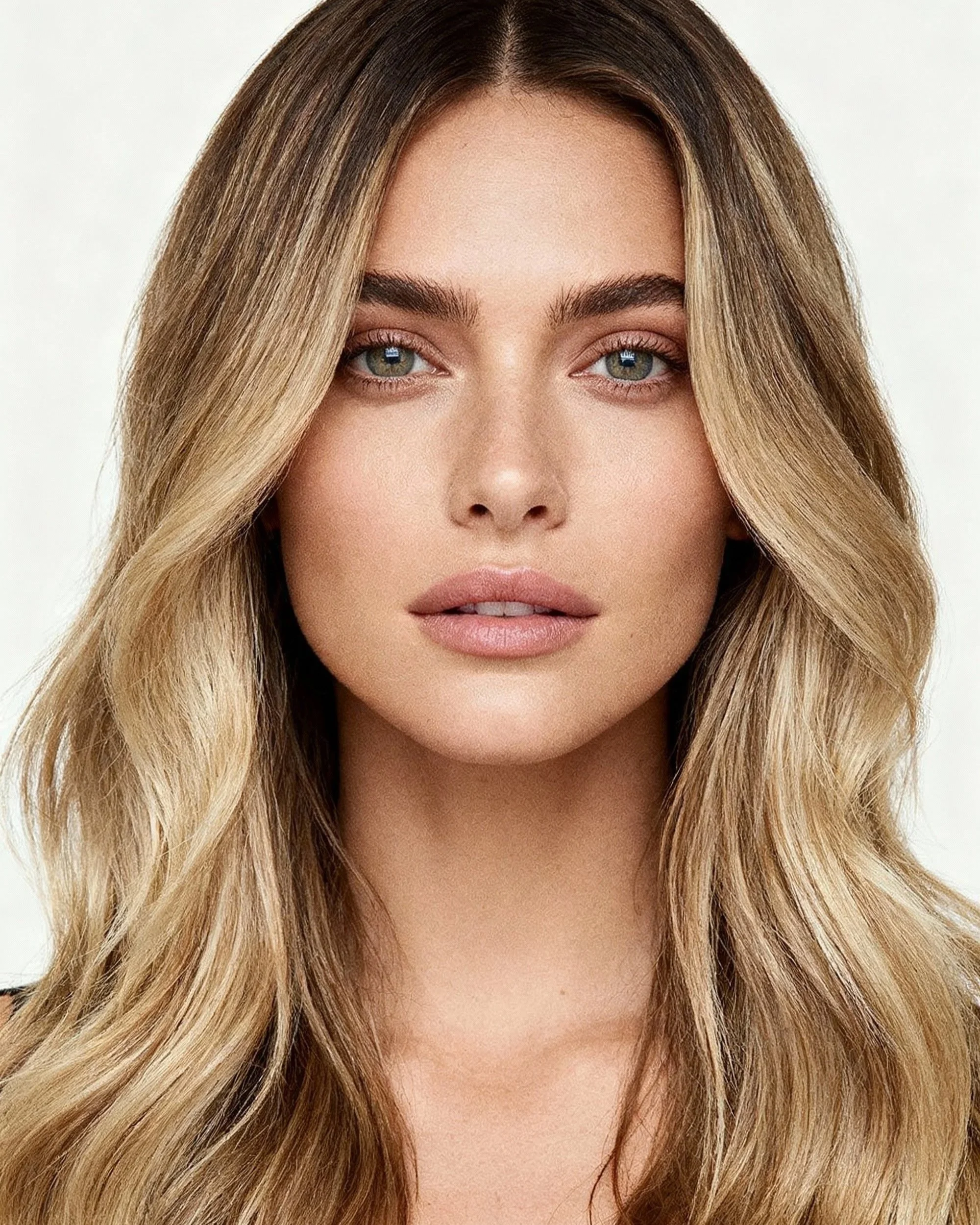 Close-up of a woman with long, wavy blonde hair and hazel eyes.