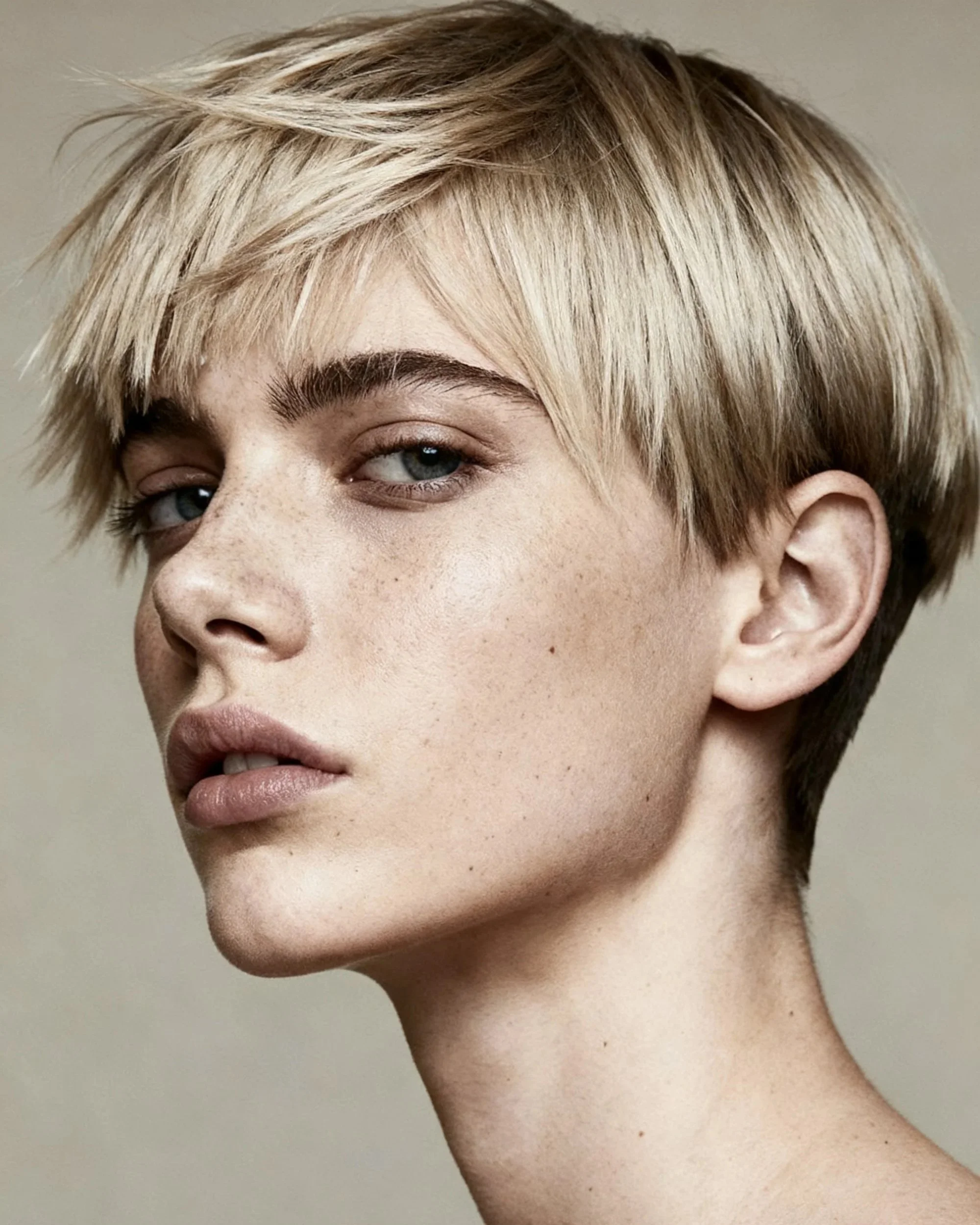 Close-up of a person's face and neck with short, blonde, layered hair, blue eyes, and natural makeup.