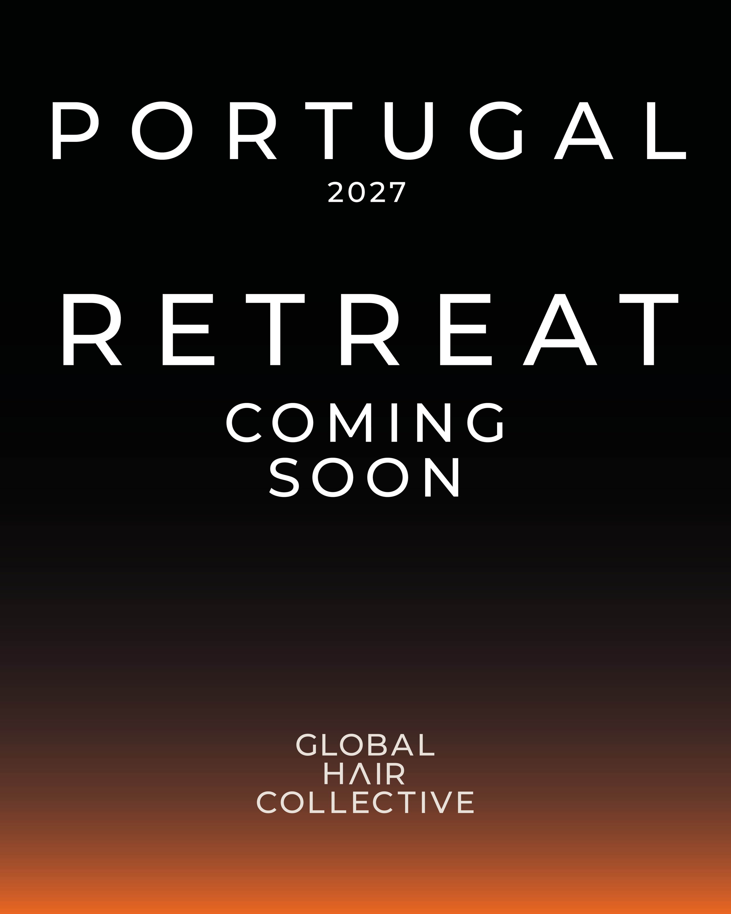 Announcement for a Portugal 2027 retreat event, with details to register interest. Background features a gradient from black to brown.