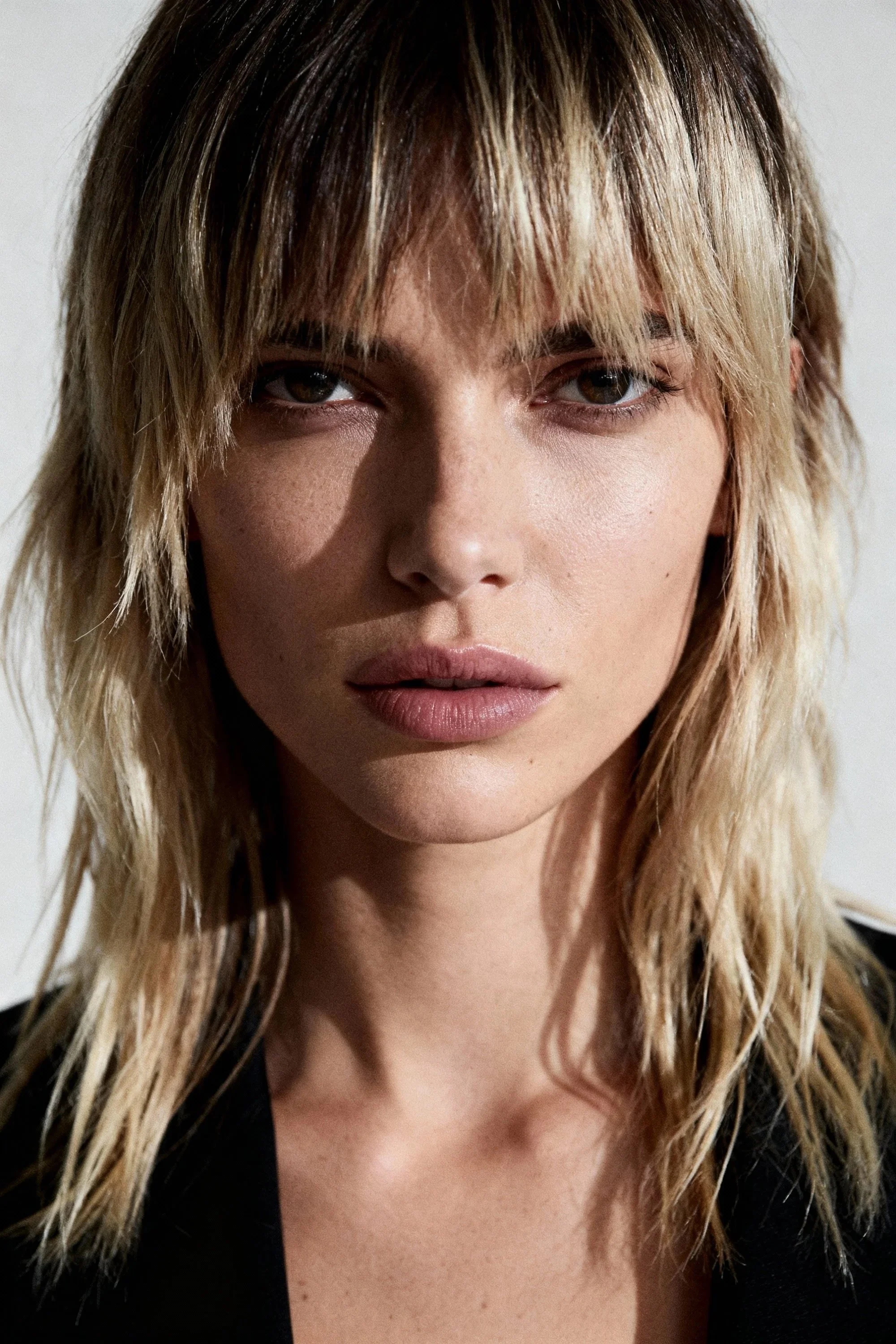 Close-up of a woman's face with blonde, slightly wet hair and brown eyes, wearing a black top.
