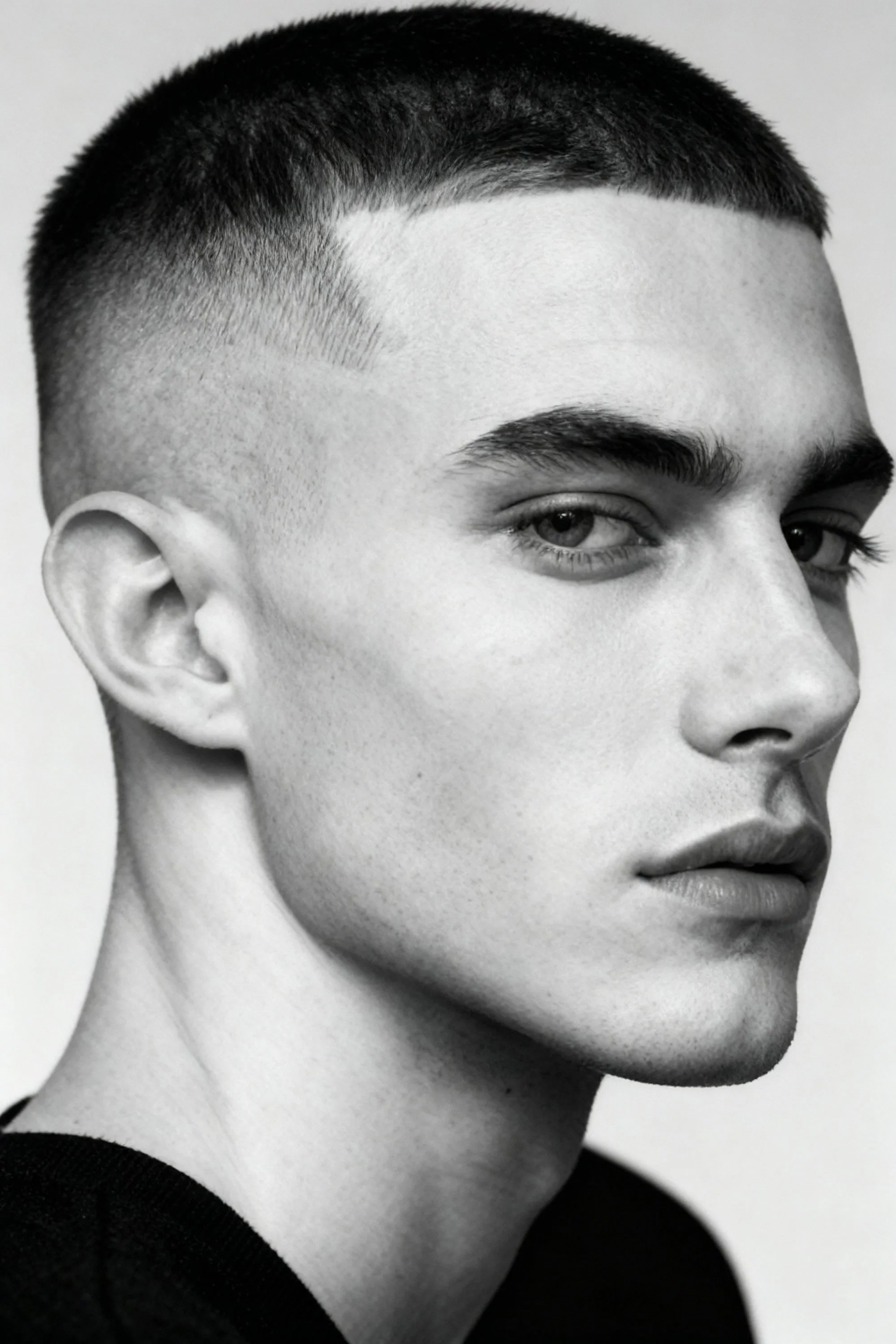 Close-up black and white photo of a person with a short, dark haircut, a prominent jawline, and well-defined facial features, wearing a dark top.